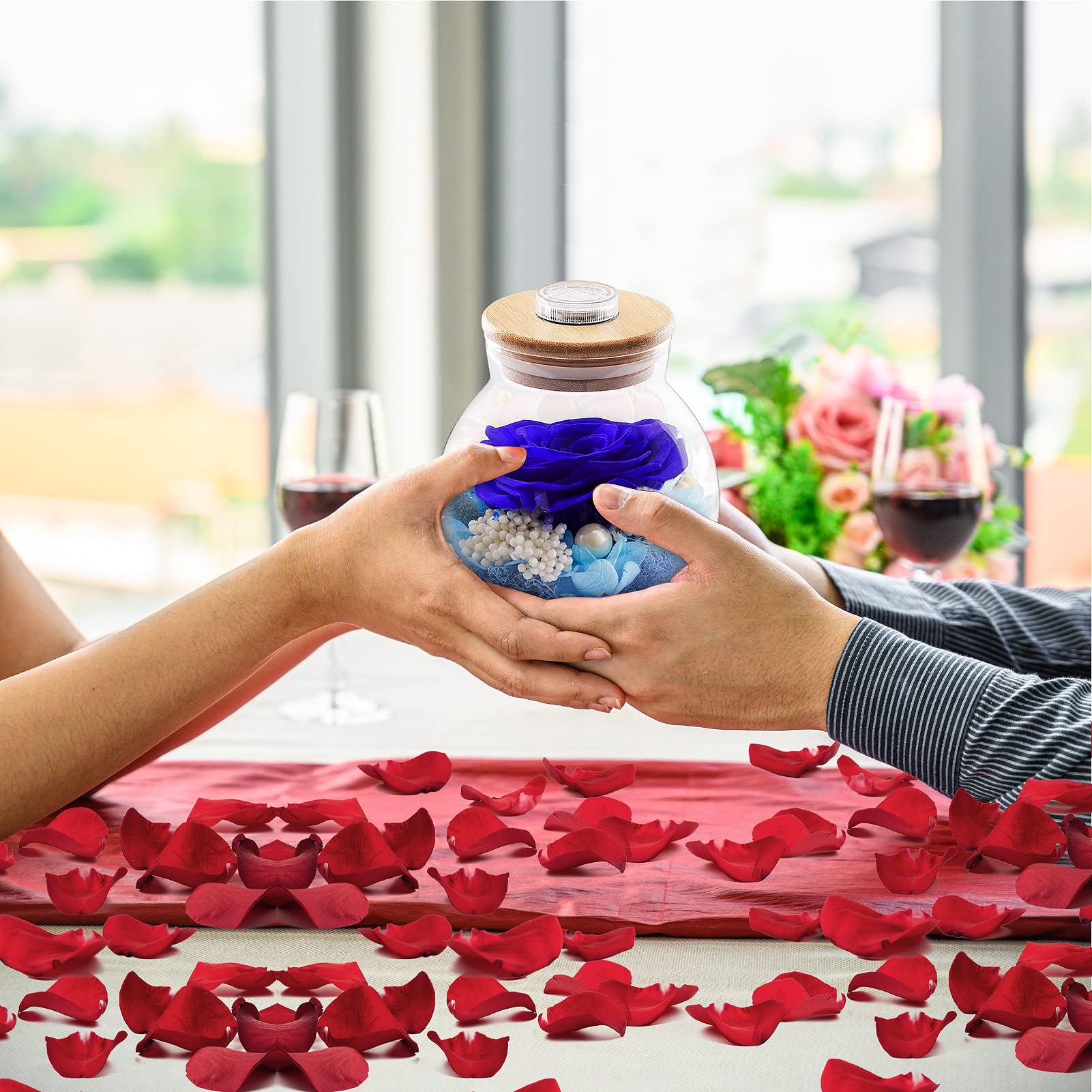 Blue Preserved Rose in Glass Dome - Eternal Flower Gift for Mother's Day, Birthday, Valentine's, Anniversary - Romantic Light-Up Rose with Wishing Bottle for Mom, Wife, Grandma - Perfect Home Decor & Keepsake Gift