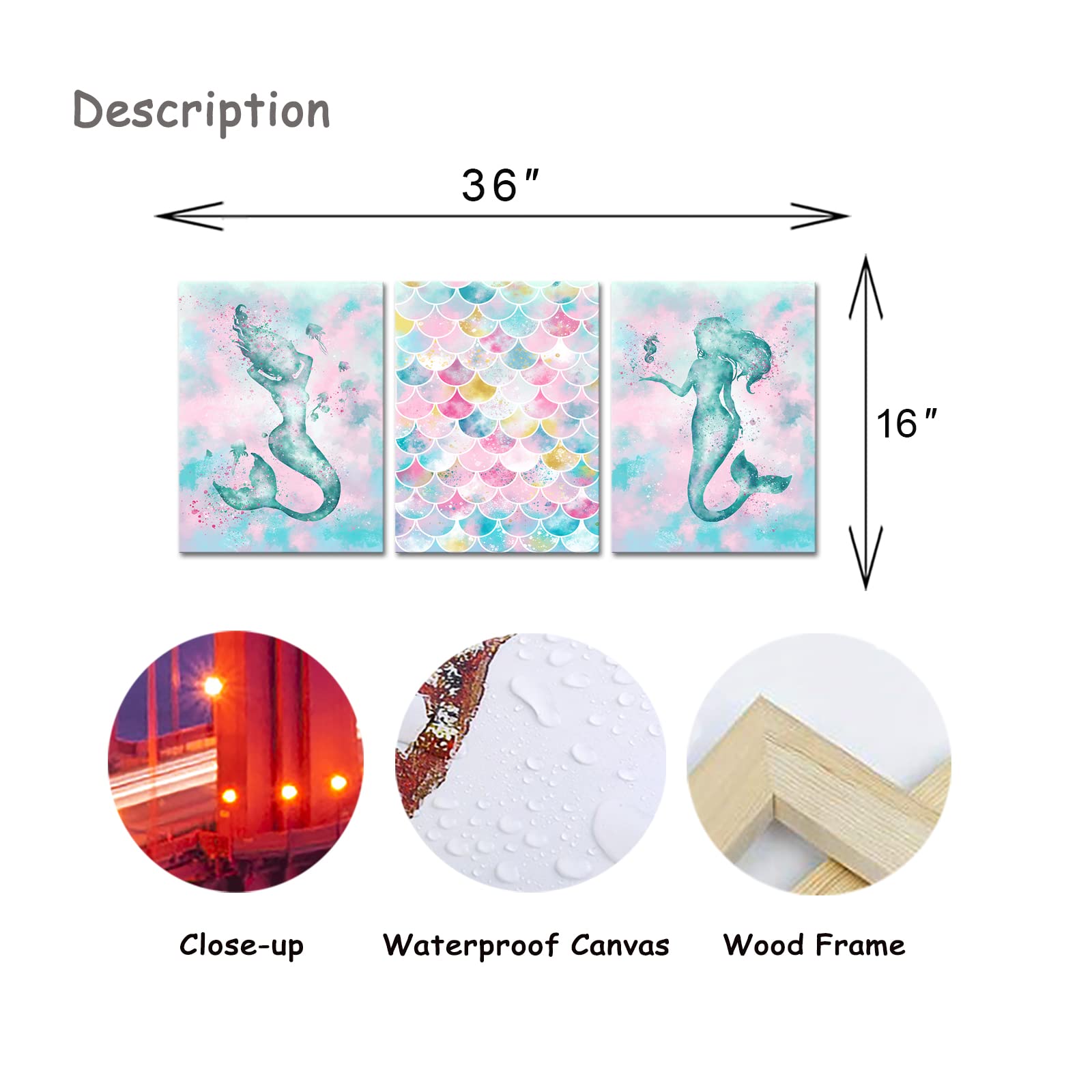Artmyharbor Mermaid Wall Art - Romantic Pink & Blue Marine Theme Painting for Bathroom, Girls Bedroom & Nursery Decor - Perfect for Coastal, Beach & Underwater Themed Rooms