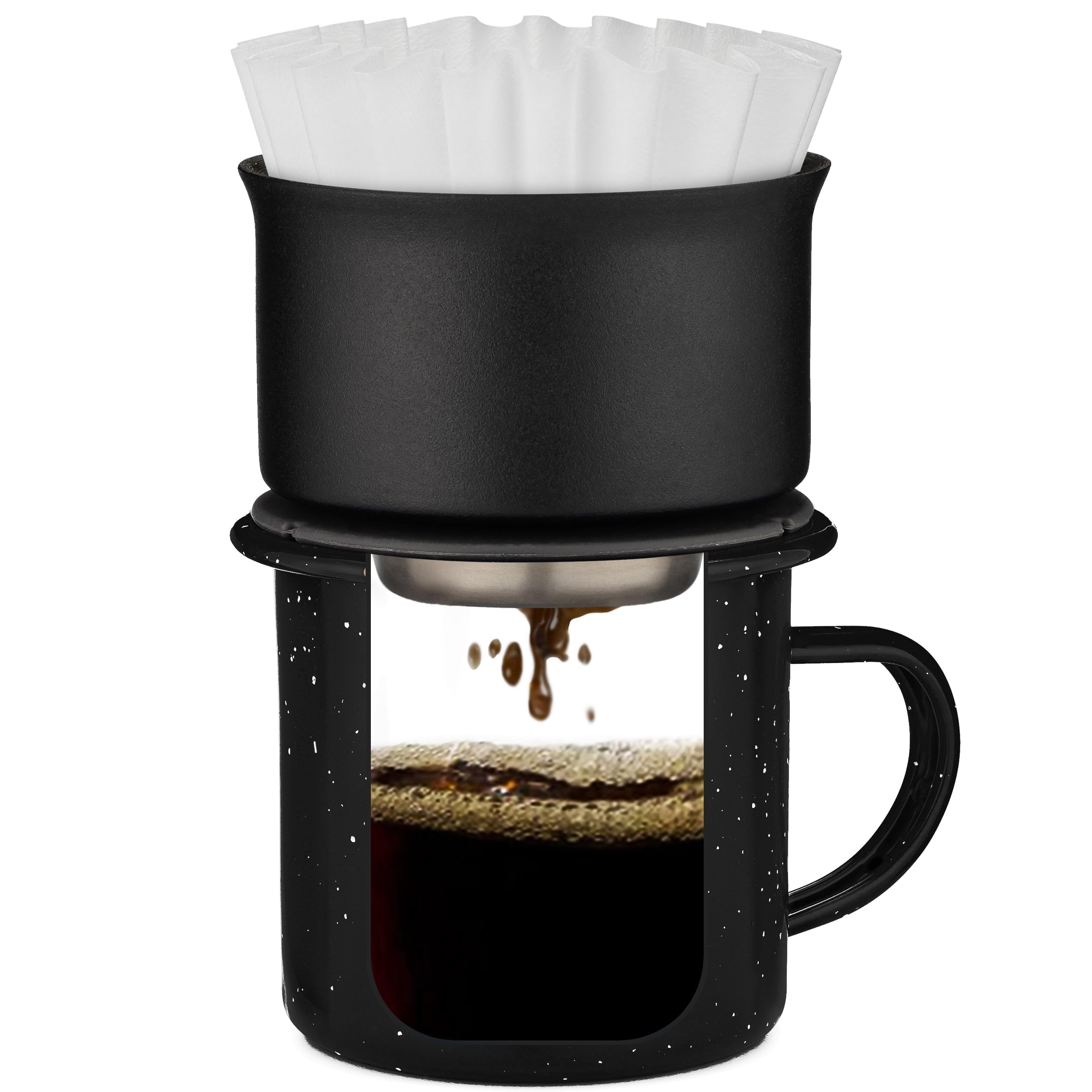 COLETTI Aspen Stainless Steel Pour Over Coffee Maker - 12 oz Black Dripper for Specialty Coffee | Dishwasher Safe & Portable | Perfect for Camping, Office & Home Brewing