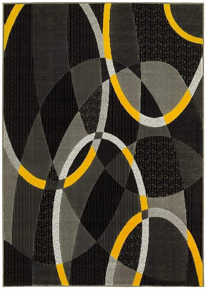 Modern Abstract Swirls Circles Area Rug - Yellow, Gray, Black Carpet (5’3” x 7’5”) - Perfect for Living Room, Bedroom, or Office Decor