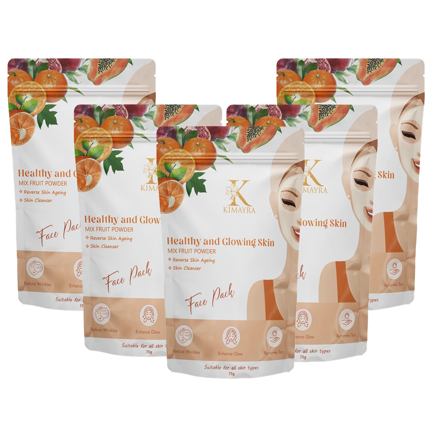 Kimayra Organic Mixed Fruit Face Pack Powder for Healthy & Glowing Skin - Deep Cleansing, Oil & Dirt Removal - Natural Facial Mask for Women & Men - All Skin Types - 75g (Pack of 5) | Perfect for Daily Skincare Routine, Spa Day, and Detox Treatment