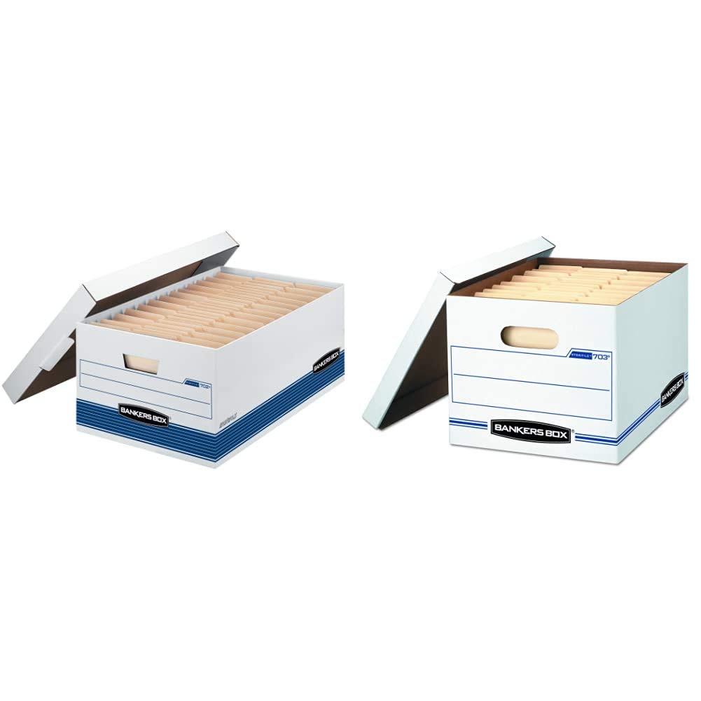 Fellowes 00702 Medium-Duty Storage Boxes with Lift-Off Lid - Legal Size, 12 Pack | Bankers Box STOR/FILE File Storage Boxes with Lids - White/Blue, Letter/Legal Size (12