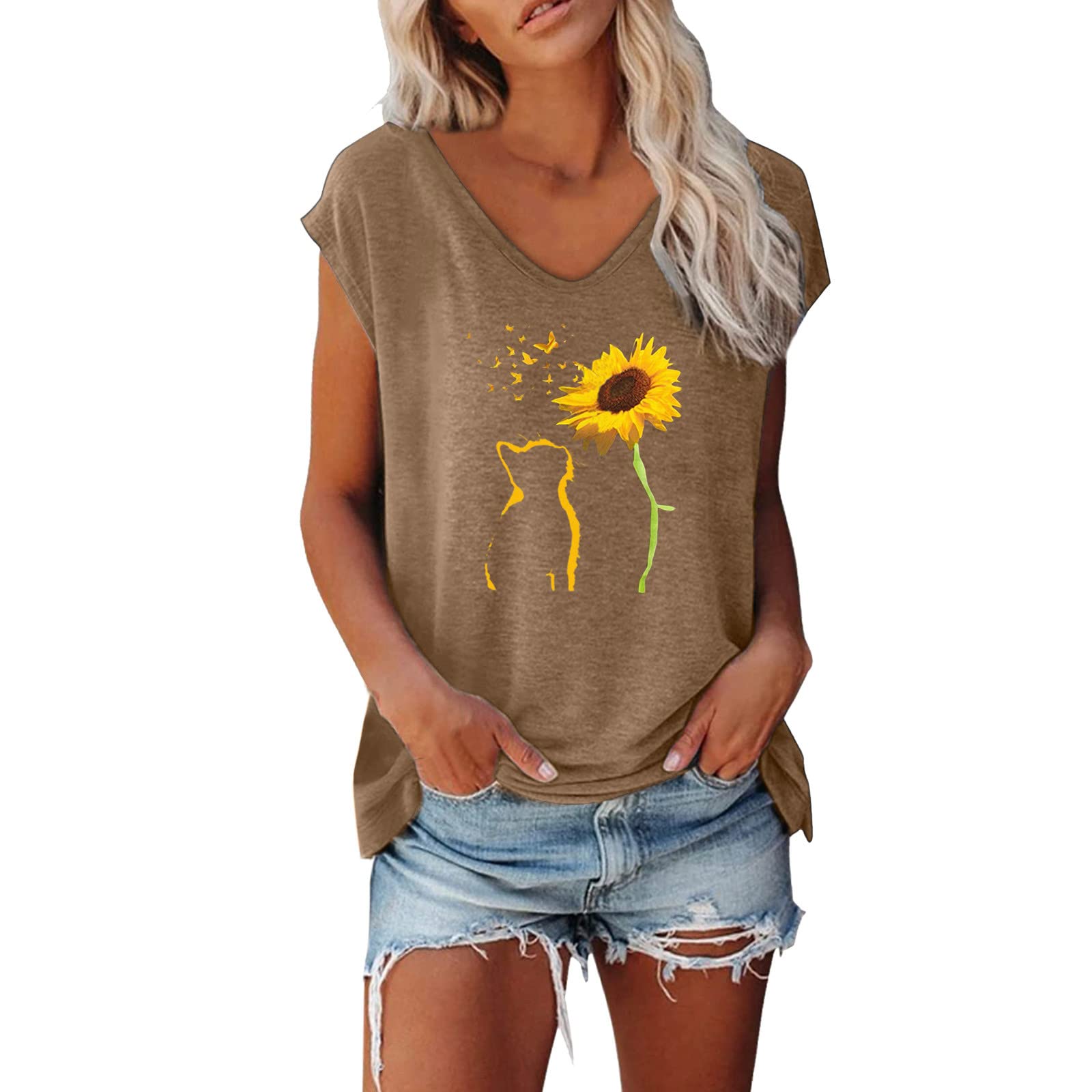 Vintage Sunflower Cat Graphic V-Neck T-Shirt for Women - Loose Fit Short Sleeve Casual Summer Top - Perfect for Beach Outings, Picnics & Everyday Wear