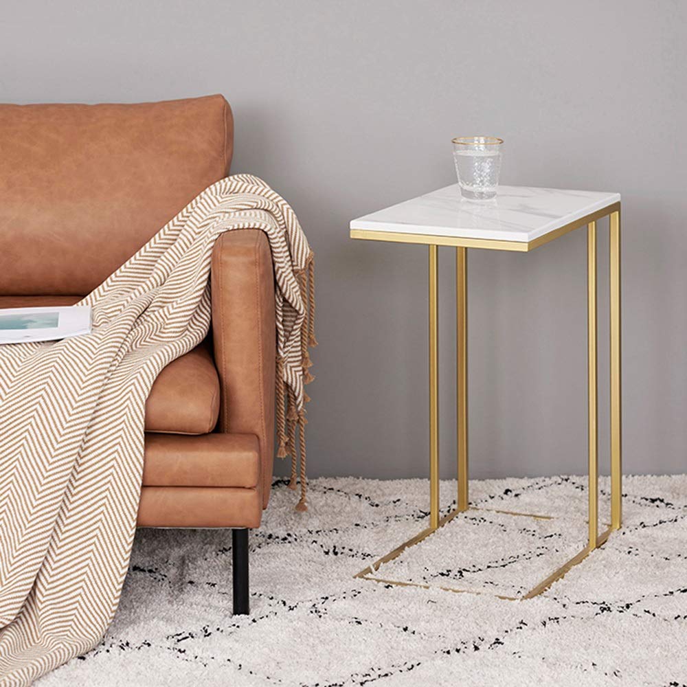 WFF C-Shaped Side Table with Marble Top - White Sofa Laptop Table for Coffee & Snacks (50x30x58cm) - Perfect for Living Room, Bedroom & Office Workspace