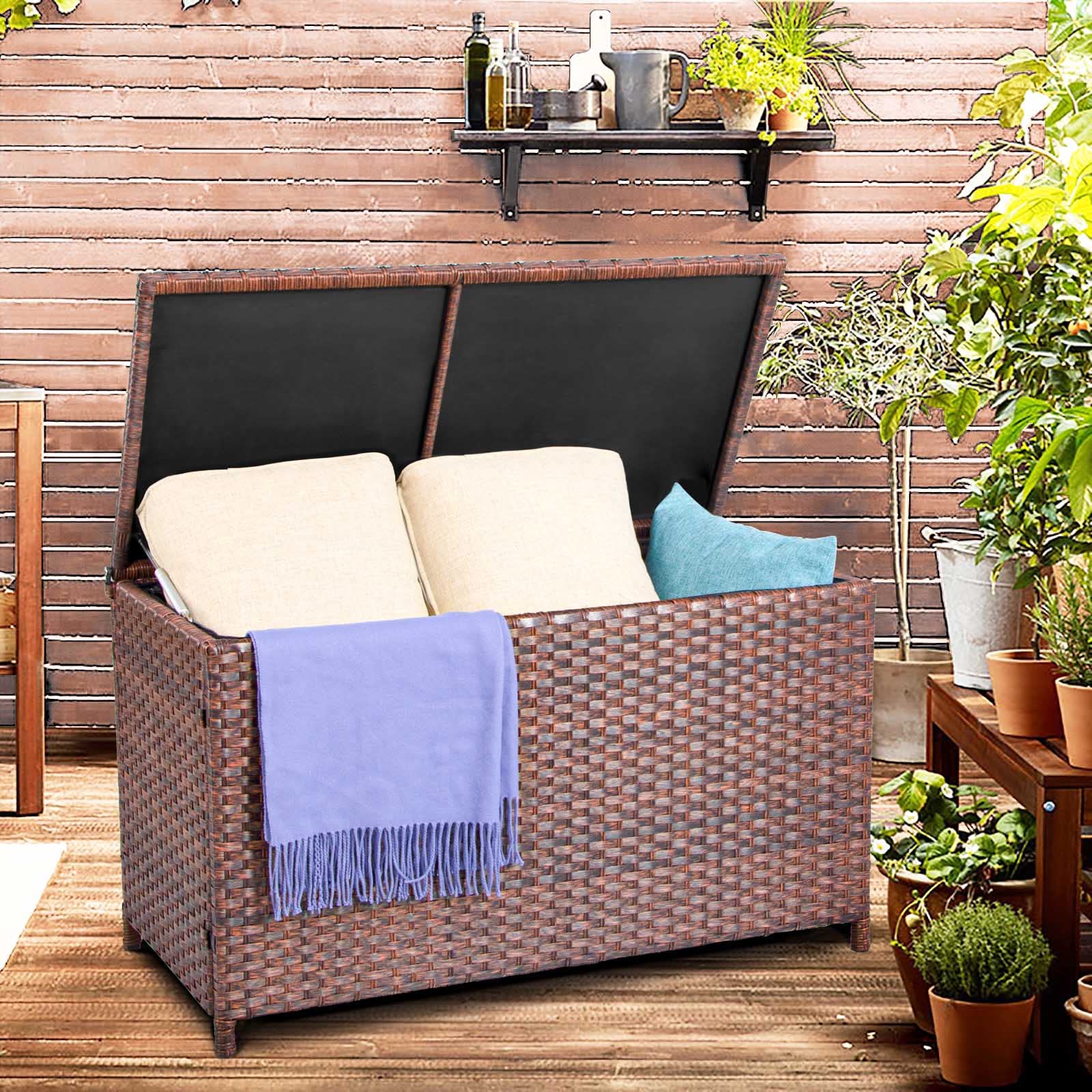 DIMAR GARDEN 70 Gallon Outdoor Storage Deck Box with Waterproof Cover - Patio Wicker Storage Container for Cushions, Toys & Garden Tools - Brown (Perfect for Backyard, Deck & Poolside Organization)
