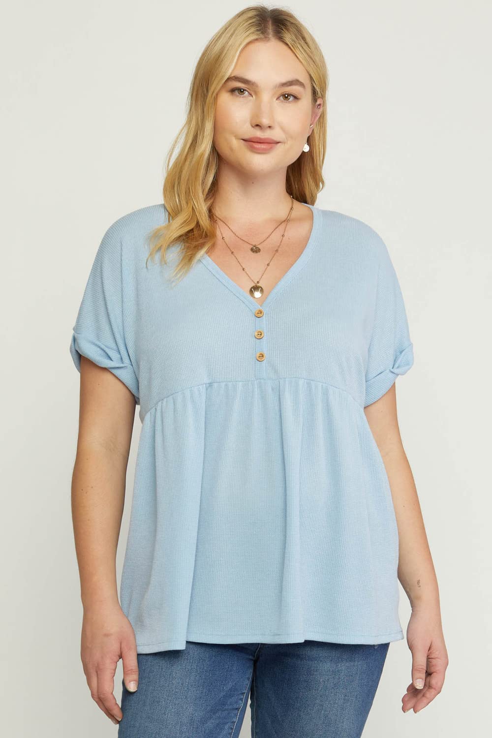 Entro Women's Mini Waffle Knit Babydoll Tunic Top - Soft Casual Short Sleeve Shirt for Everyday Wear, Date Night & Layering