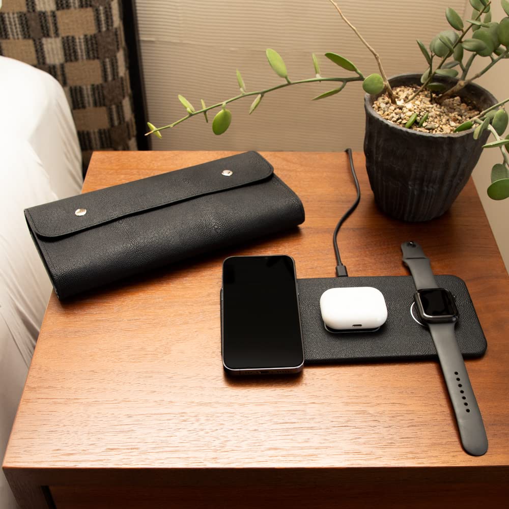 Brouk and Co ACE 3-in-1 Portable Wireless Fast Charging Pad (15W) - Compatible with iPhone, Samsung & Android Devices - Vegan Leather Charging Station for Phone, Watch & Headphones | Perfect for Home, Office & Travel Use