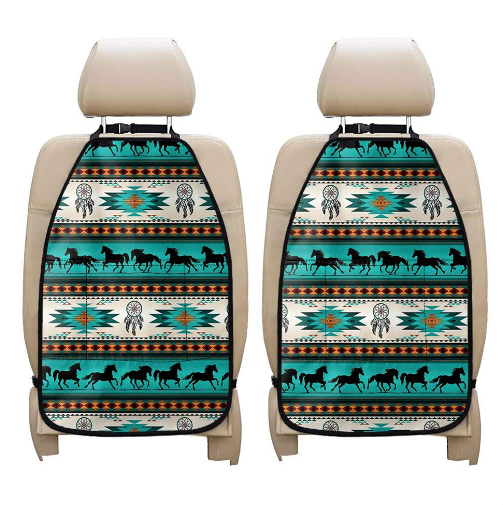 Heavy Duty Kick Mats Back Seat Protector (2 Pack) - Universal Fit for Trucks, Vans, Sedans, SUVs - Durable Aztec Horse Design with Storage Pockets - Perfect for Road Trips, Family Travel, and Keeping Your Car Clean
