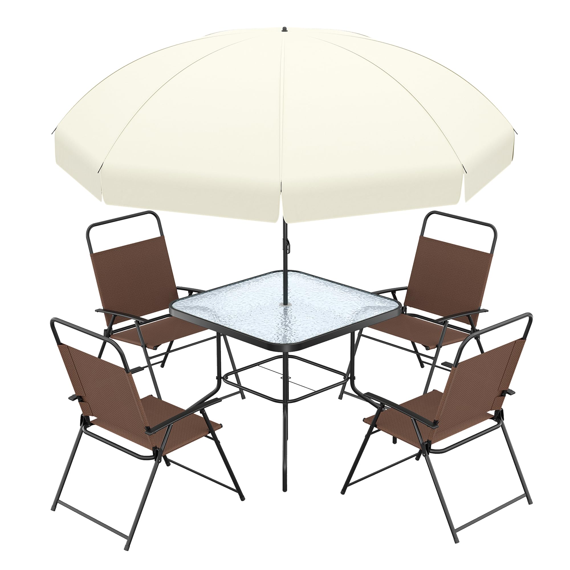 **UDPATIO 6-Piece Outdoor Patio Dining Set with Umbrella - 4 Folding Chairs & Tempered Glass Table - Perfect for Deck, Backyard, Poolside, Lawn, Garden or BBQ Parties (Brown)**