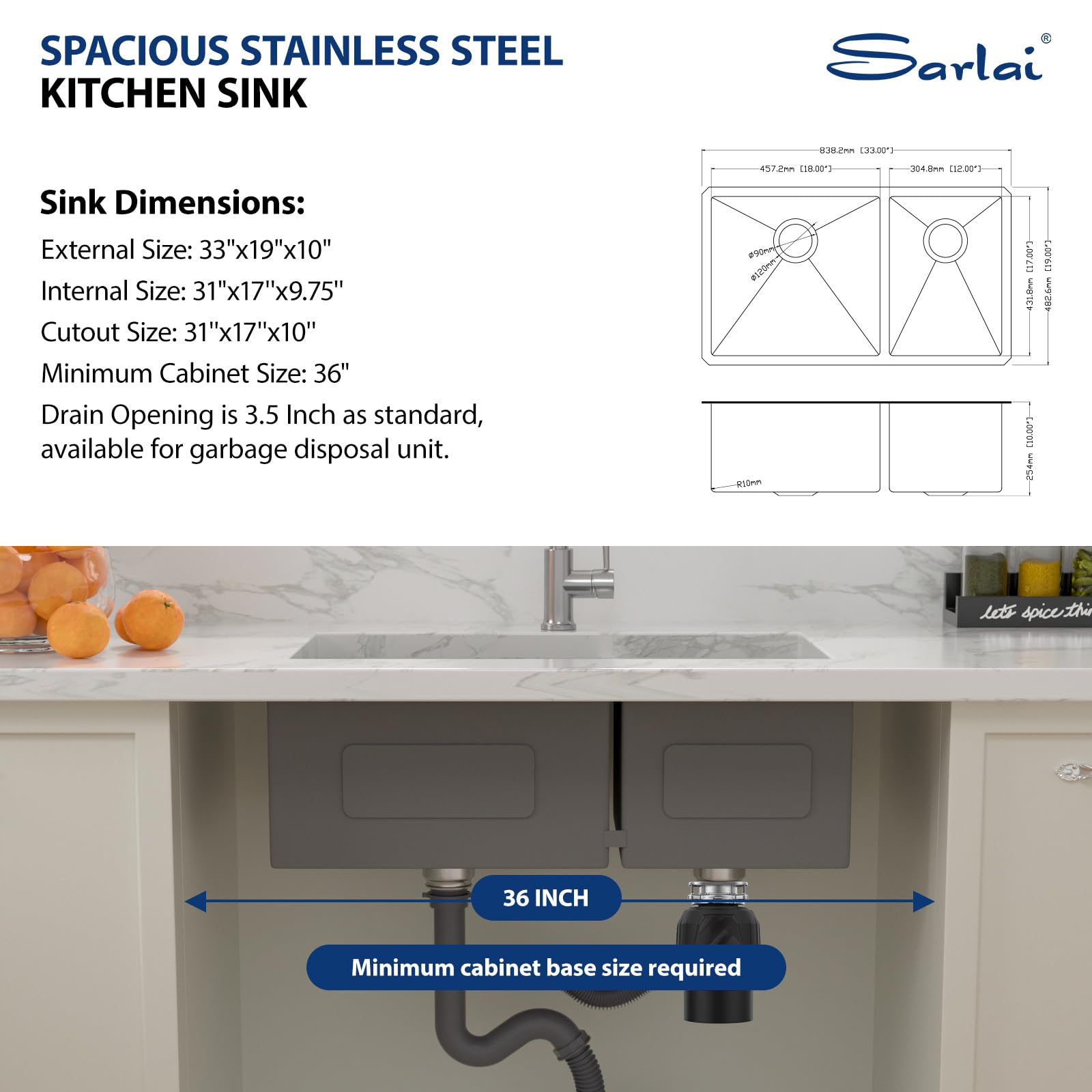 33x19 Undermount Double Bowl Stainless Steel Kitchen Sink - 16 Gauge 60/40 Split Round Corner Design for Easy Dishwashing & Food Prep | Perfect for Modern Kitchens & Restaurant Use