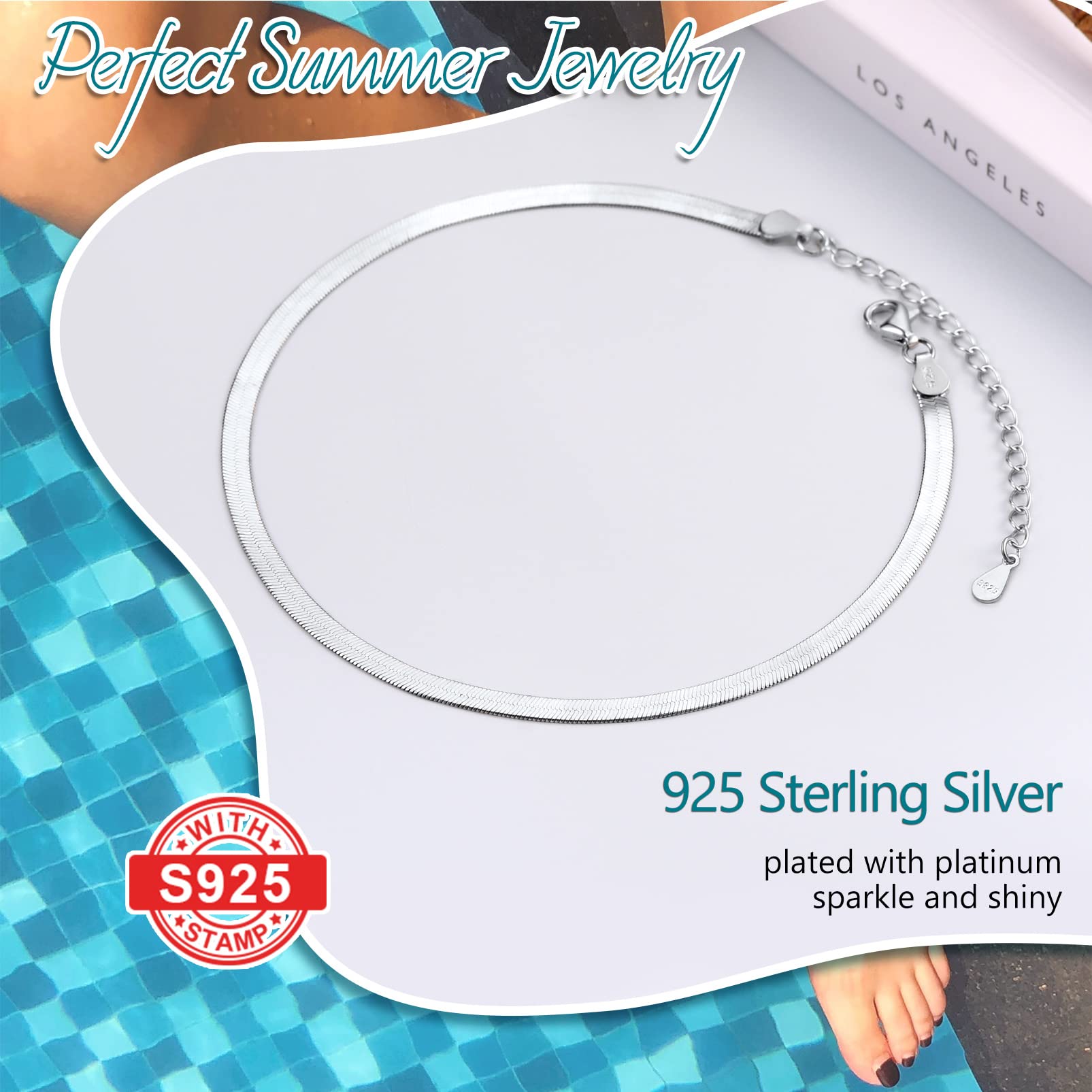 Sterling Silver Ankle Bracelets for Women - Adjustable 8.6-10.6