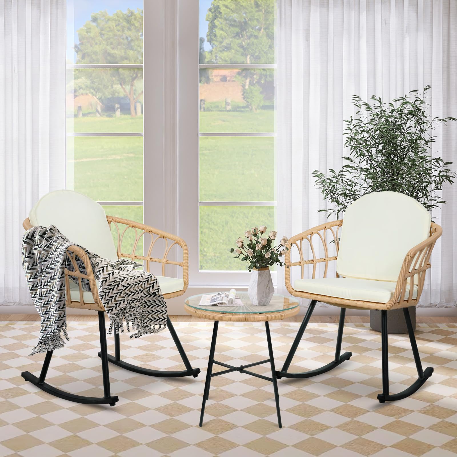 Vikiullf 3-Piece Wicker Rocking Chair Set with Thickened Cushions - Boho Rattan Patio Furniture for Outdoor, Garden, Balcony & Living Room - Perfect for Relaxing, Lounging & Conversation Areas