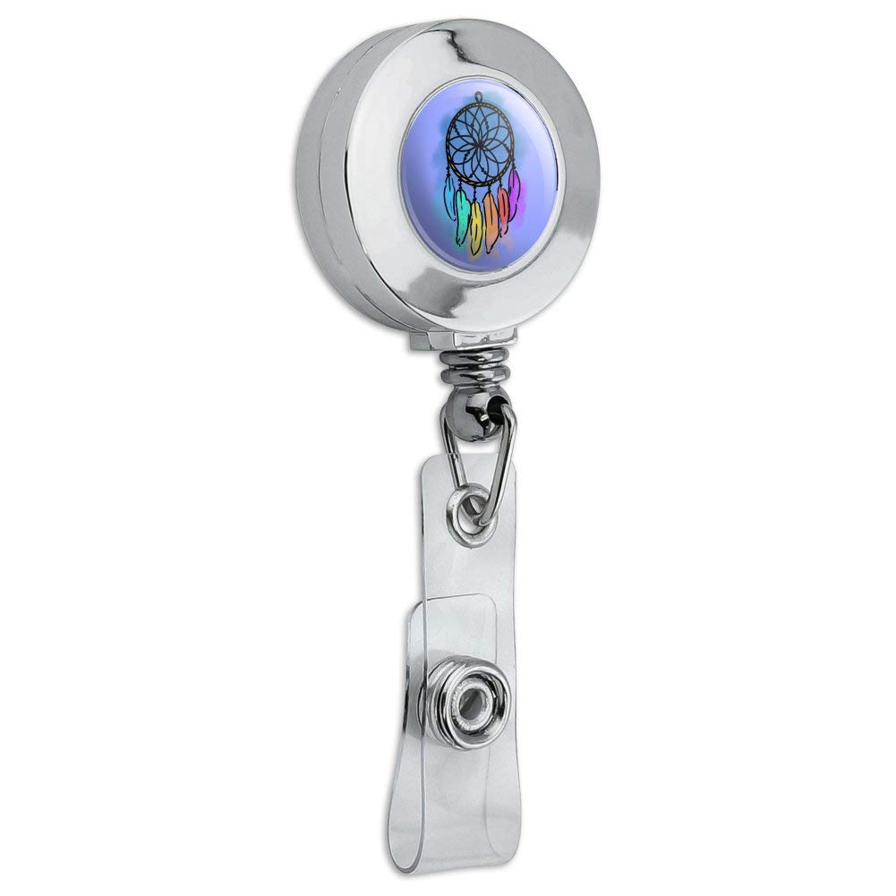 Dream Catcher with Rainbow Feathers - Watercolor Sketch Retractable ID Badge Reel & Chrome Card Holder Clip - Perfect for Office, School, and Events