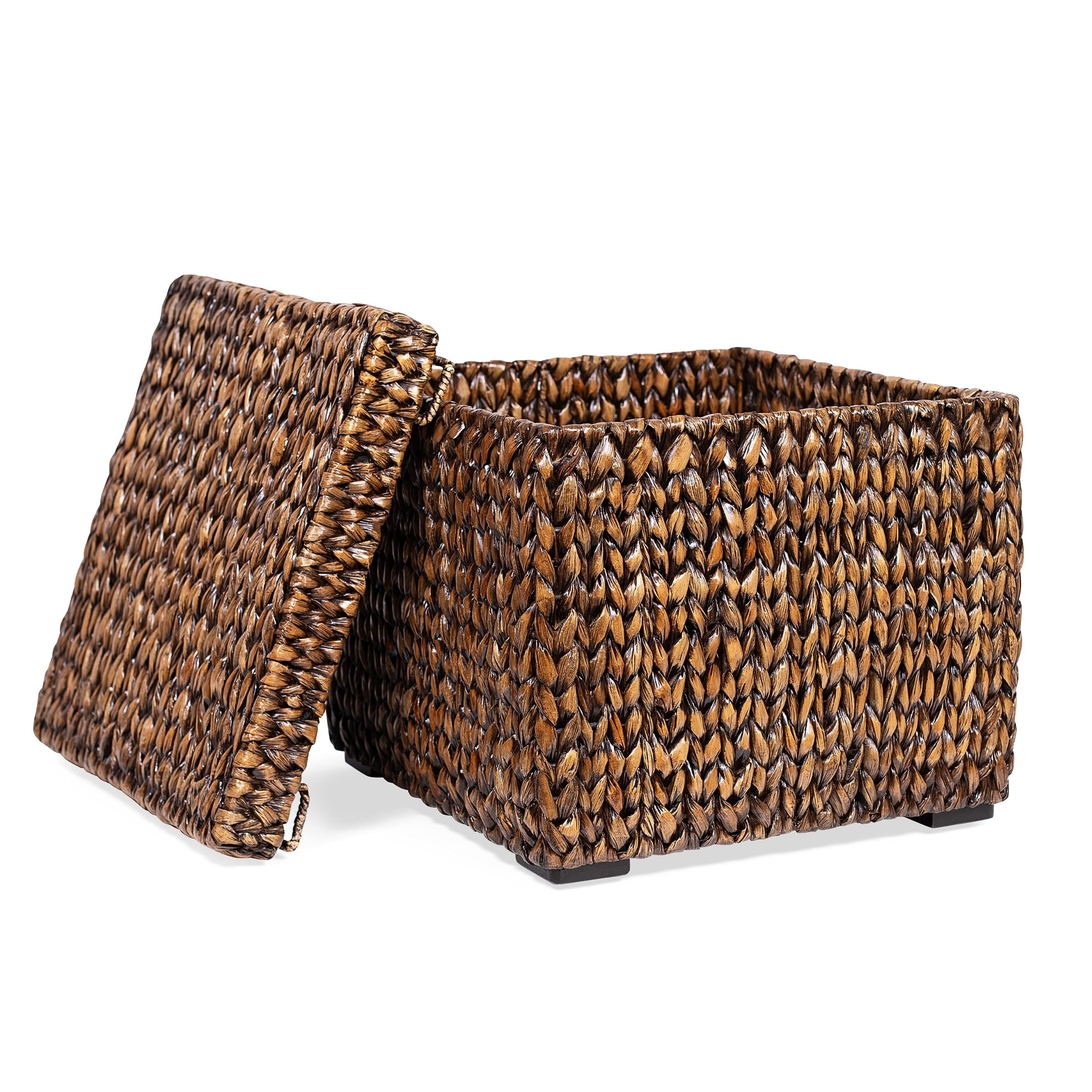 BirdRock Home Storage Cube Box with Lid - Brown Wash Seagrass Basket - Hand Woven Storage Container for Blankets, Pillows & Toys - Sturdy Metal Frame - Perfect for Living Room, Nursery & Bedroom Organization