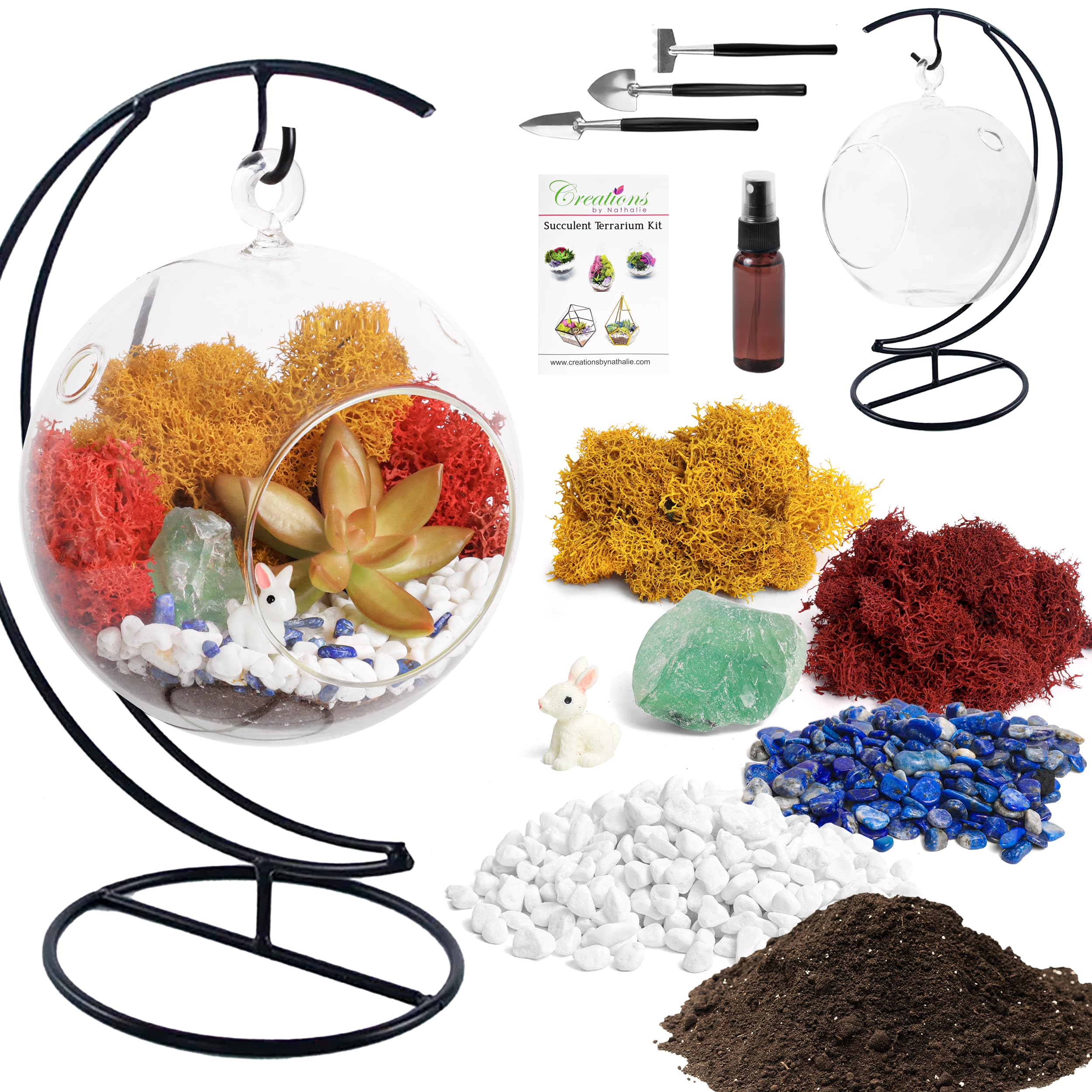 DIY Terrarium Kit for Adults & Kids - Complete Glass Hanging Planter with Stand, Moss, Crystals, Rocks & Mini Tools - Creative Home Decor & Educational STEM Gift for Plant Lovers (Perfect for Indoor Gardening, Office Desk Decor & Classroom Science Projects)