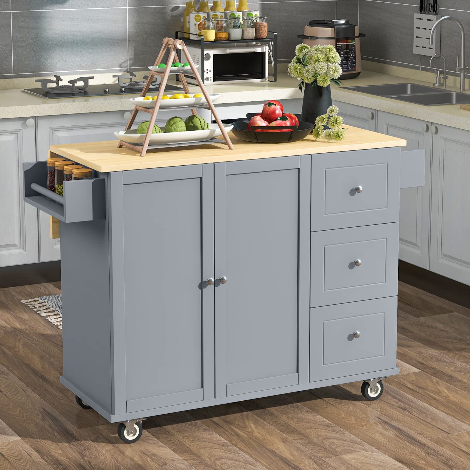 Premium Kitchen Cart with Storage - Mobile Rolling Kitchen Island with Drop Leaf, Spice Rack & 3 Drawers - Solid Wood Countertop & Towel Bar - Space-Saving Organizer for Small Kitchens, Dining Areas & Food Prep Stations (Blue)