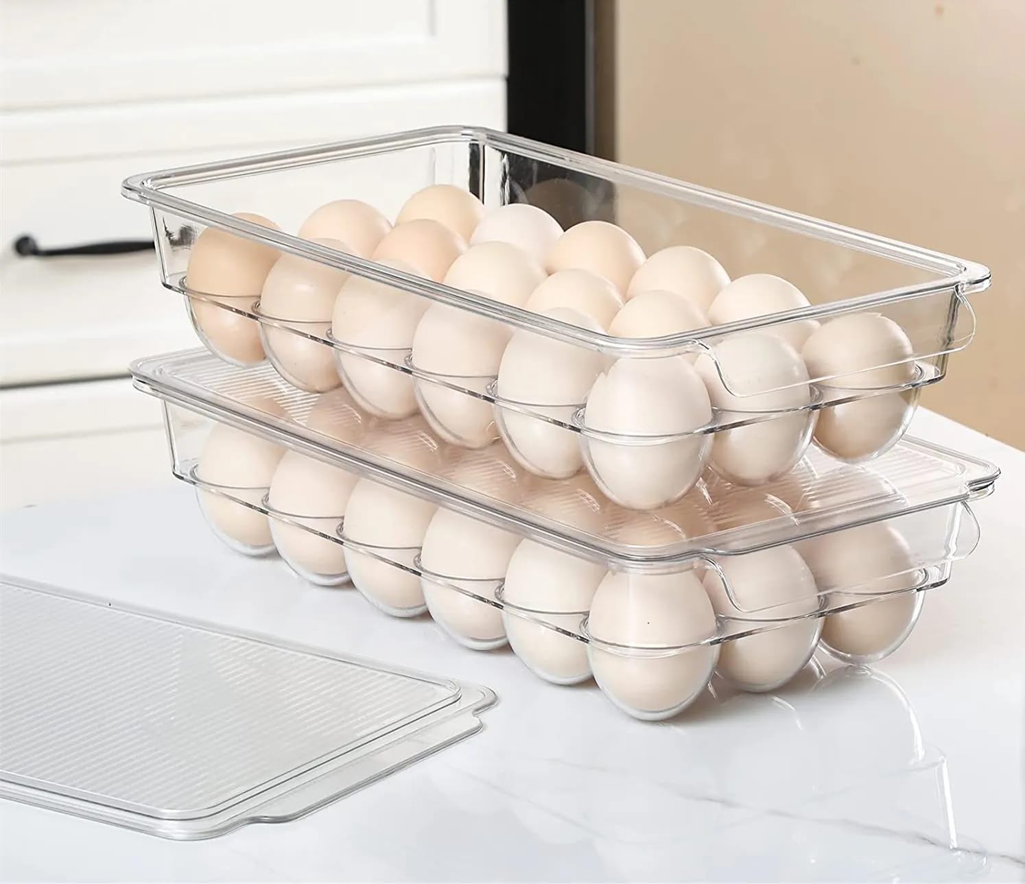 Kepzell Clear Acrylic Egg Storage Container - 18 Egg Capacity Refrigerator Organizer with Lid & Handles, Durable Unbreakable Plastic Egg Tray for Kitchen, Pantry, or Farm Use (Pack of 1)