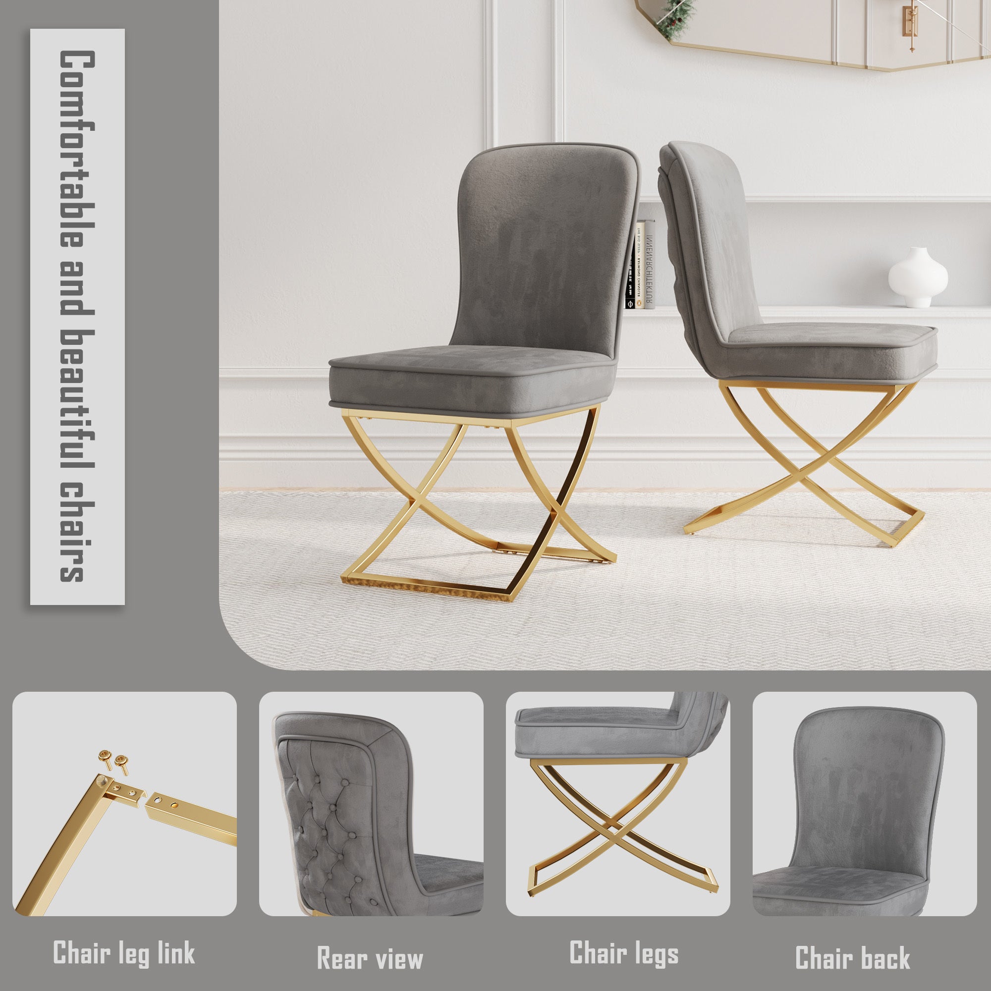 4-Piece Grey Velvet Dining Chair Set with Golden Metal Legs - Modern Kitchen, Living Room, Office & Leisure Chairs for Home Decor