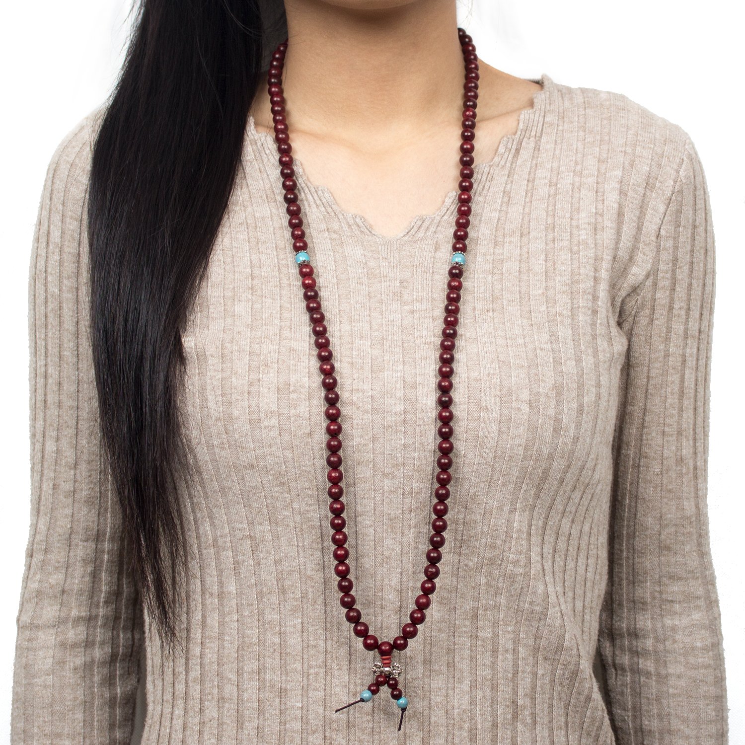 8mm Tibetan Buddha 108 Turquoise & Red Rosewood Prayer Mala Beads - Meditation Bracelet for Yoga, Mindfulness & Spiritual Practice