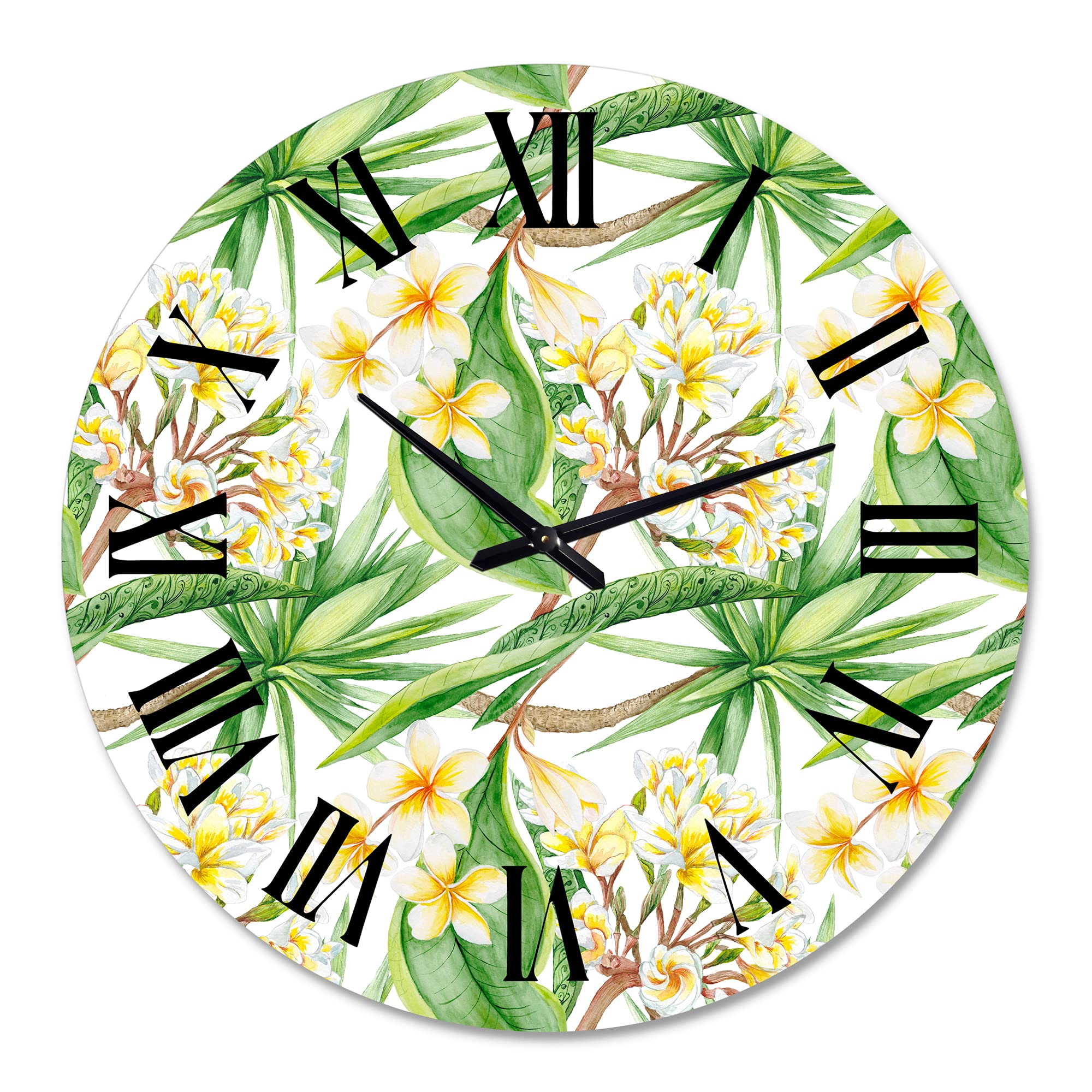 DesignQ Modern Wall Clock 'Tropical Foliage & Yellow Flowers VI' - Large Floral Botanical Wall Clock for Living Room, Bedroom, Office Decor - Perfect for Home, Office & Gift Giving