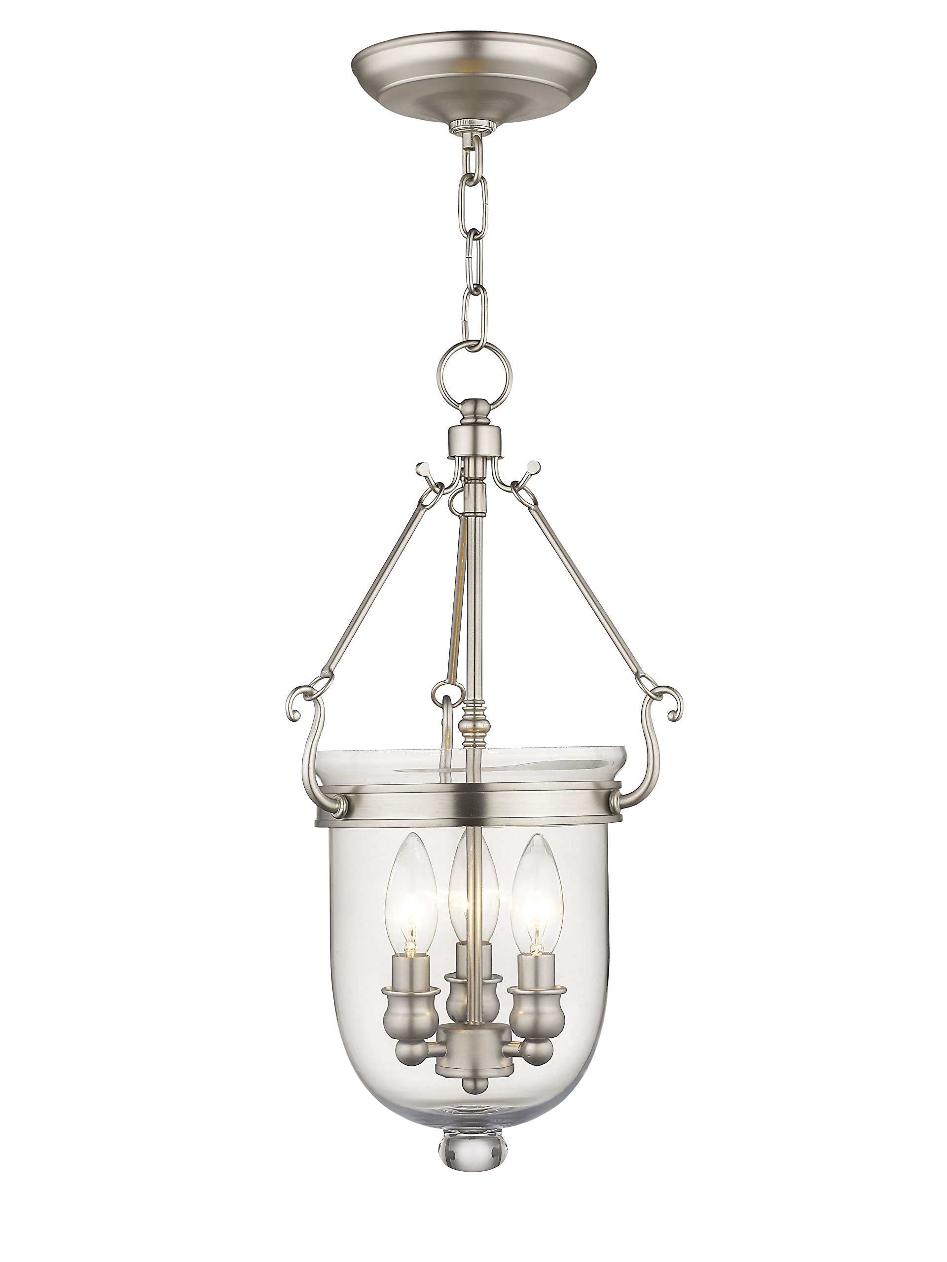 Livex Lighting Jefferson 3-Light Brushed Nickel Bell Jar Hanging Lantern with Clear Glass - Perfect for Entryway, Dining Room, or Patio Lighting