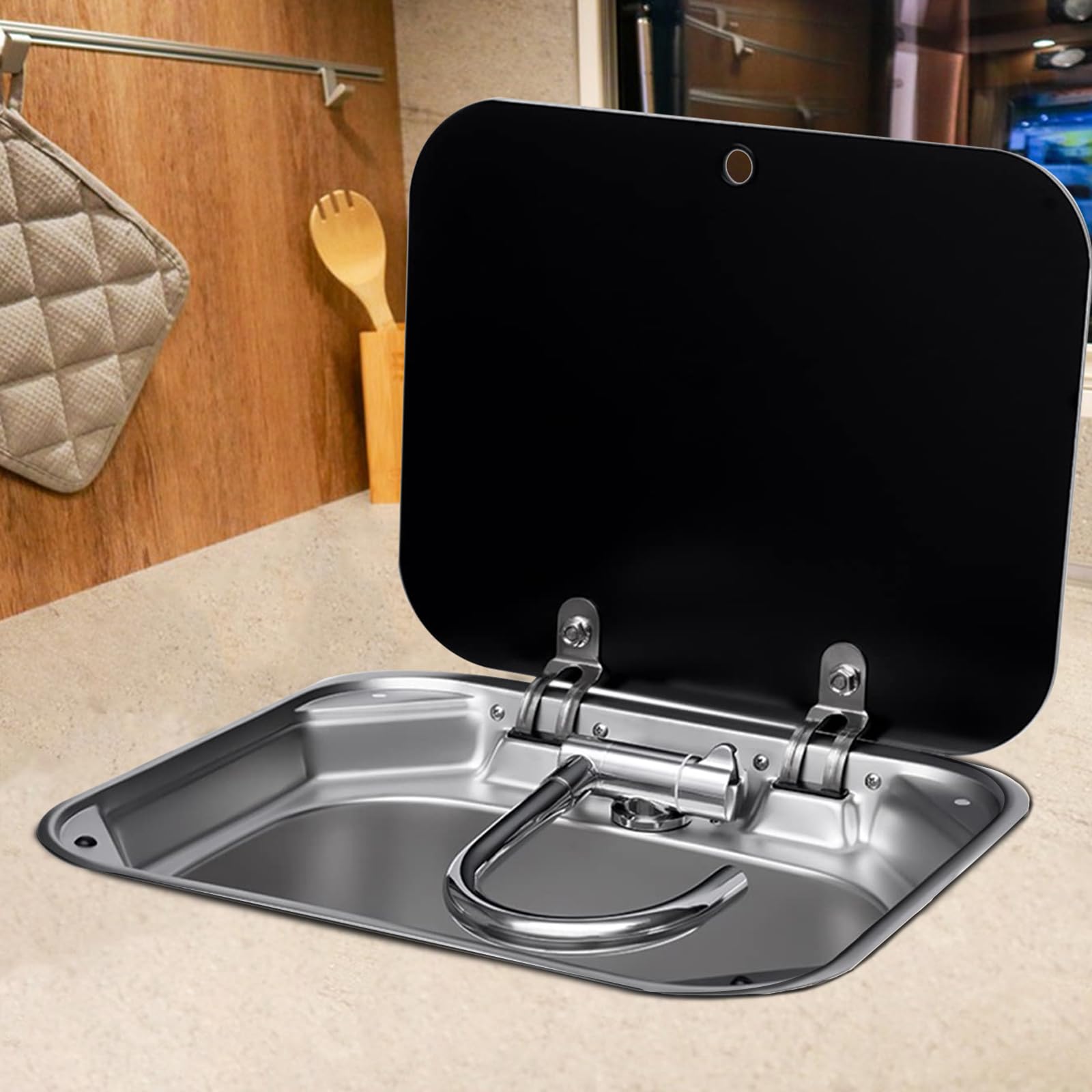 Stainless Steel RV Kitchen Sink with Folding Faucet & Lid - 5.9
