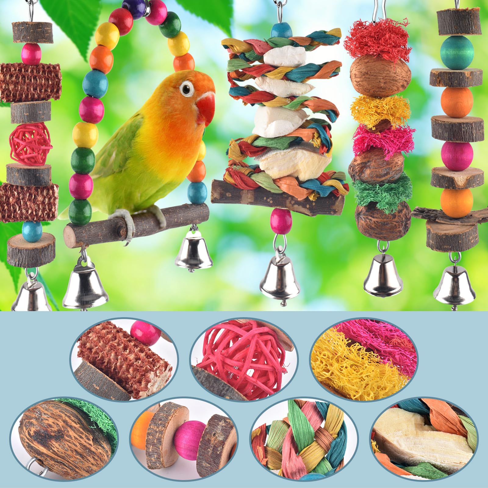 **7 Pack Bissap Bird Chew Toys - Natural Wood Parrot Hanging Cage Toys, Perch Stand for Small Birds - Conure, Cockatiel, Parrotlet, Lovebird, Budgie - Perfect for Cage Enrichment & Playtime**