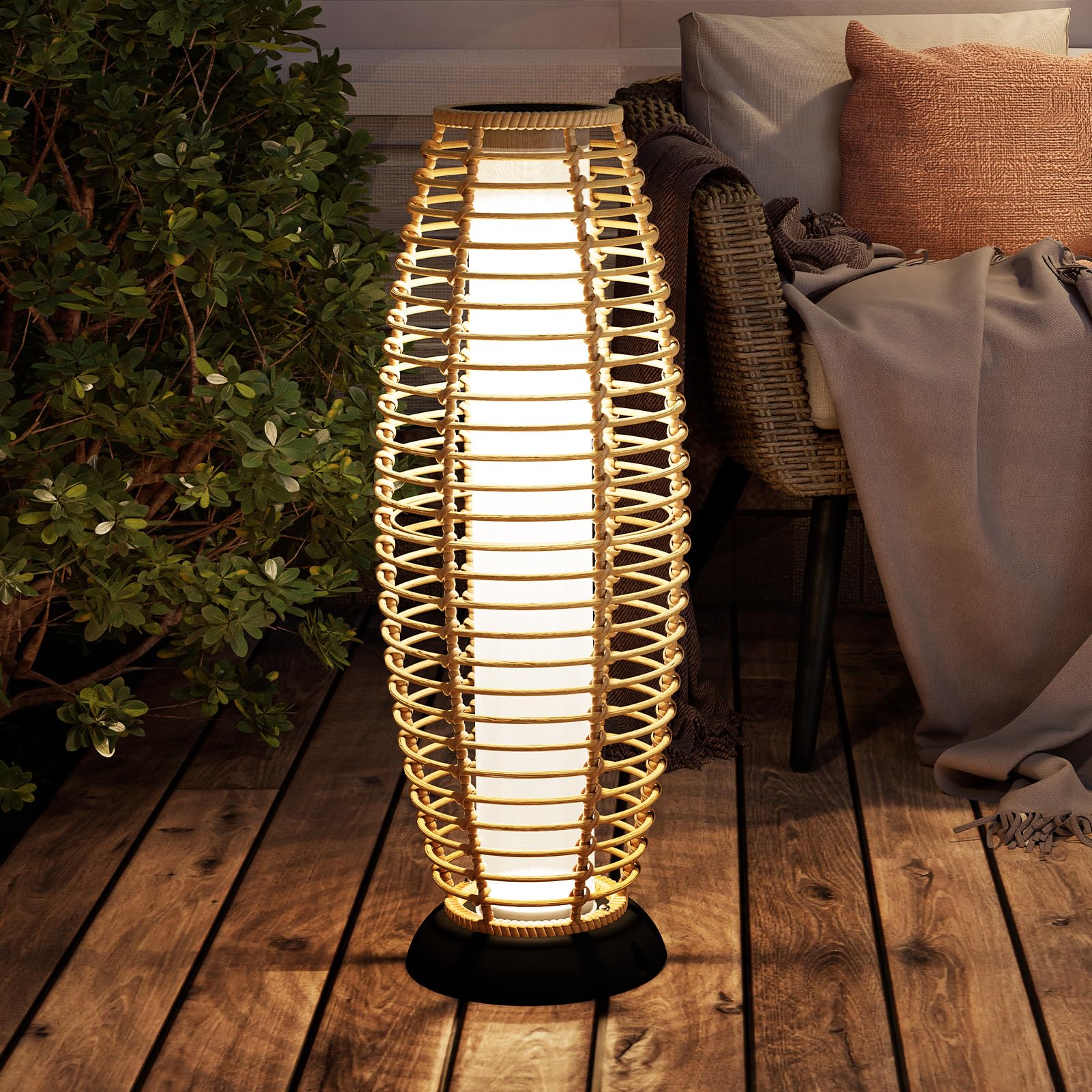 Grand Solar-Powered Outdoor Patio Floor Lamp - Weather-Resistant Wicker Deck Light for Garden, Large Size in Austin Natural Brown | Perfect for Backyard, Porch & Landscape Lighting