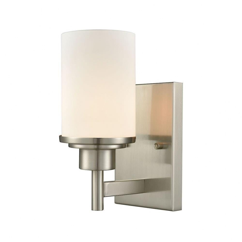 1 Up Light Bath Sconce with Brushed Nickel Finish & White Glass - 9-Inch Height, 5-Inch Width - Modern Bathroom Wall Lighting for Vanity, Mirror, or Shower - Glass/Metal Construction
