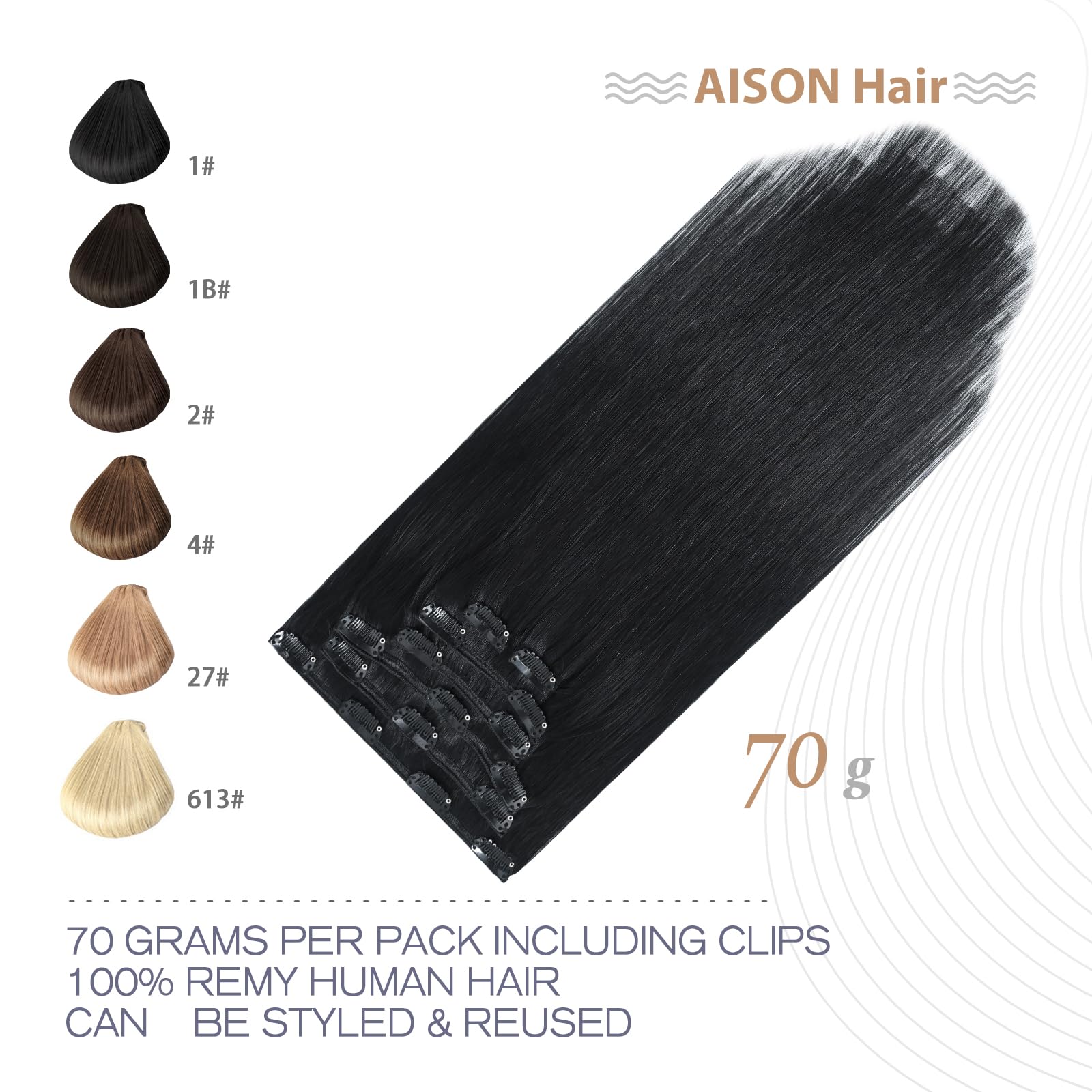 Aison Jet Black Clip-in Human Hair Extensions - 100% Remy Human Hair, 18 Inch, 7pcs/16 Clips, 70g - Perfect for Volume, Length & Styling for Parties, Weddings & Daily Wear