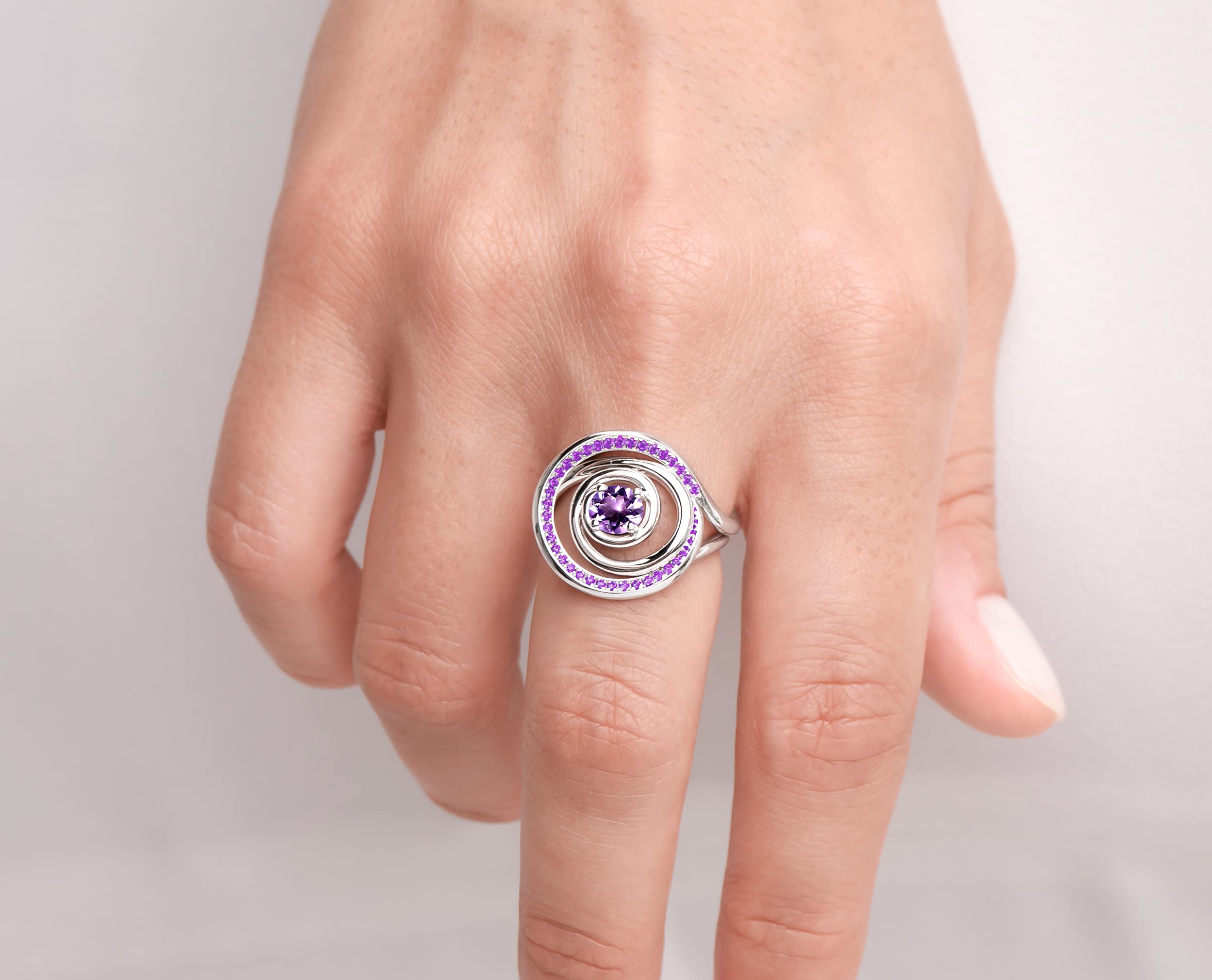 Amethyst Bridal Ring Set - Elegant White Gold Engagement & Wedding Rings for Women - Unique Spiral Circle Design - Perfect for Proposals, Anniversaries, and Special Occasions