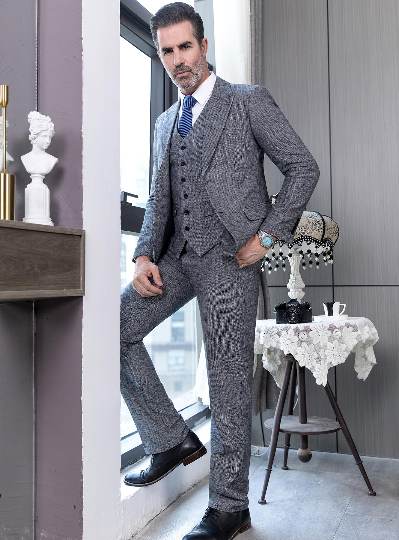 Men's Tweed Herringbone 3-Piece Wedding Suit with Peak Lapel - Formal Tuxedo for Prom, Groom & Special Occasions | Perfect for Weddings, Evening Events & Black Tie Parties