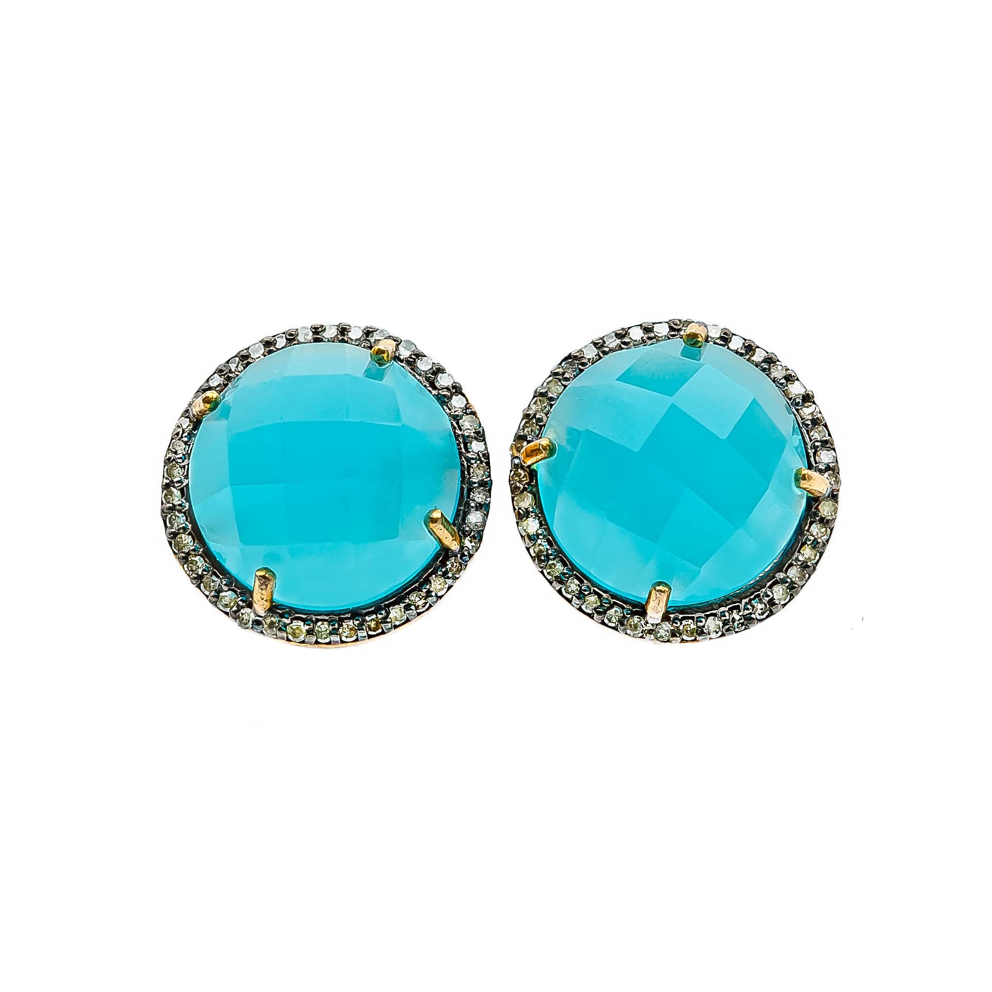 Large Aqua Blue Chalcedony Pave Diamond Stud Earrings - March Birthstone Jewelry for Women | Perfect Birthday Gift, Anniversary Present & Everyday Elegant Accessory