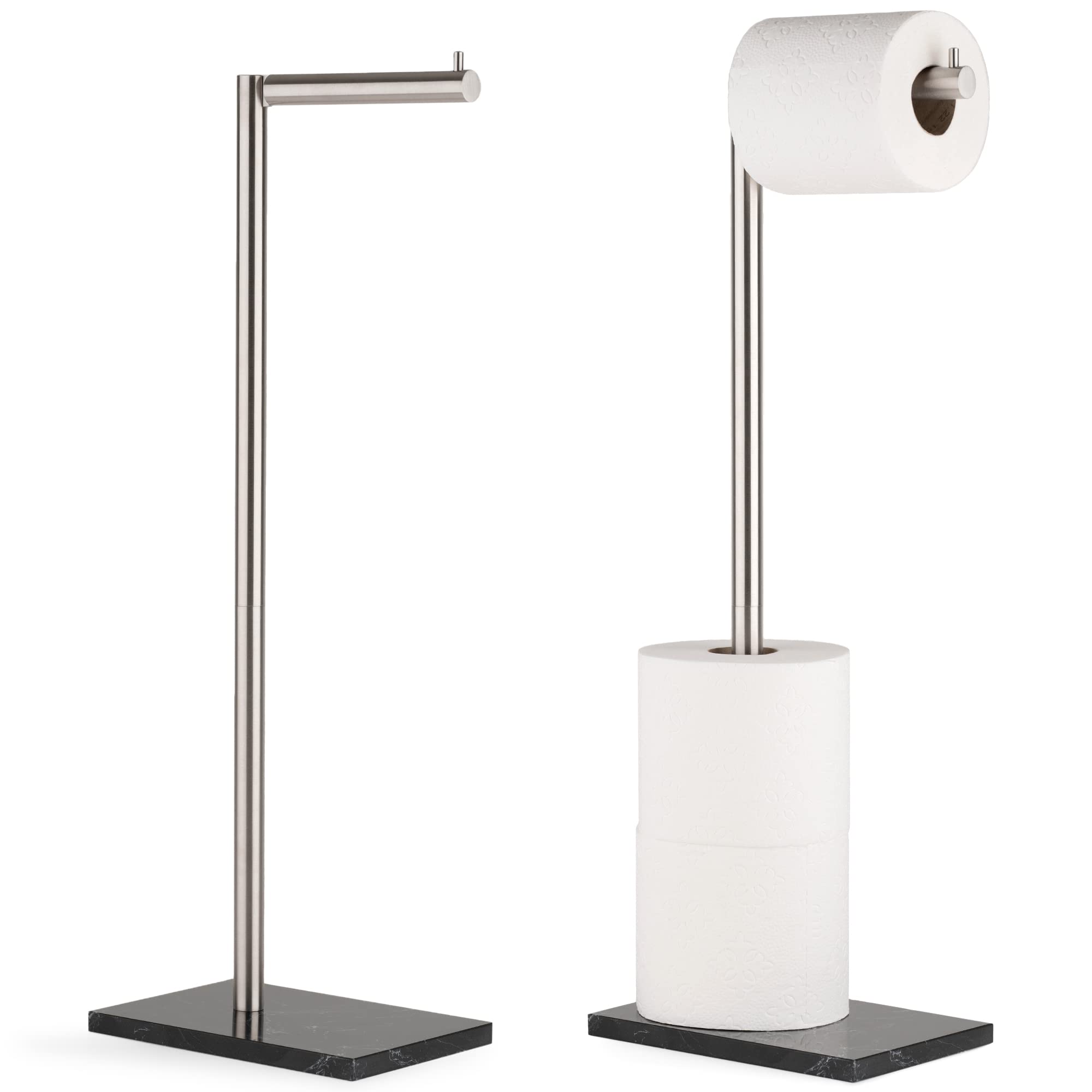 MARMOLUX ACC Freestanding Brushed Nickel Toilet Paper Holder Stand - 4 Jumbo Roll Bathroom Storage - Stainless Steel Toilet Paper Dispenser - Brushed Steel & Black Marble Design - Perfect for Modern Bathrooms, Powder Rooms & Guest Baths