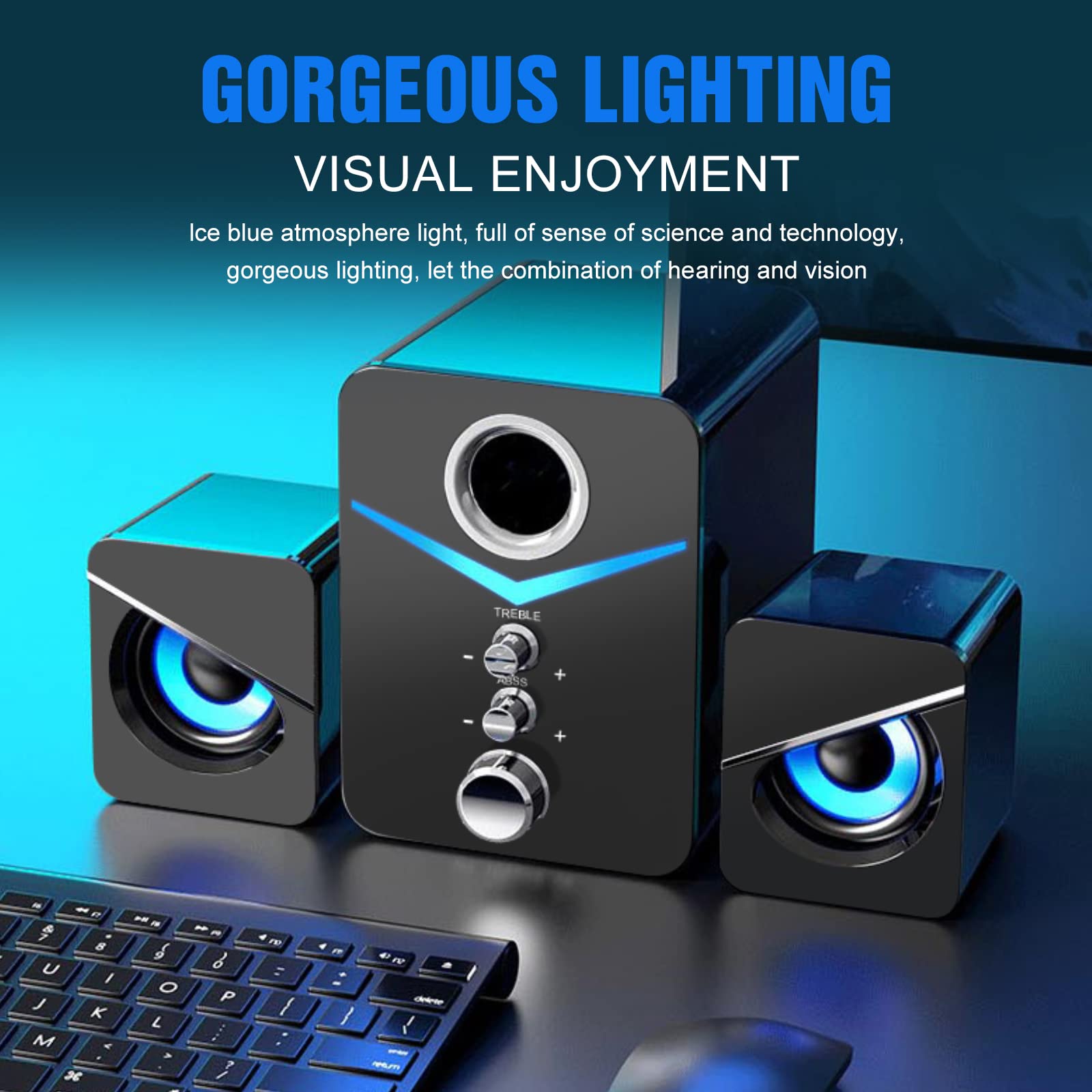 HEANTTV 2.1 Computer Speakers with Subwoofer, USB Powered & 3.5mm Aux Connection, LED Lights for Desktop, Laptop, Tablet - Perfect for Gaming, Music, and Home Office