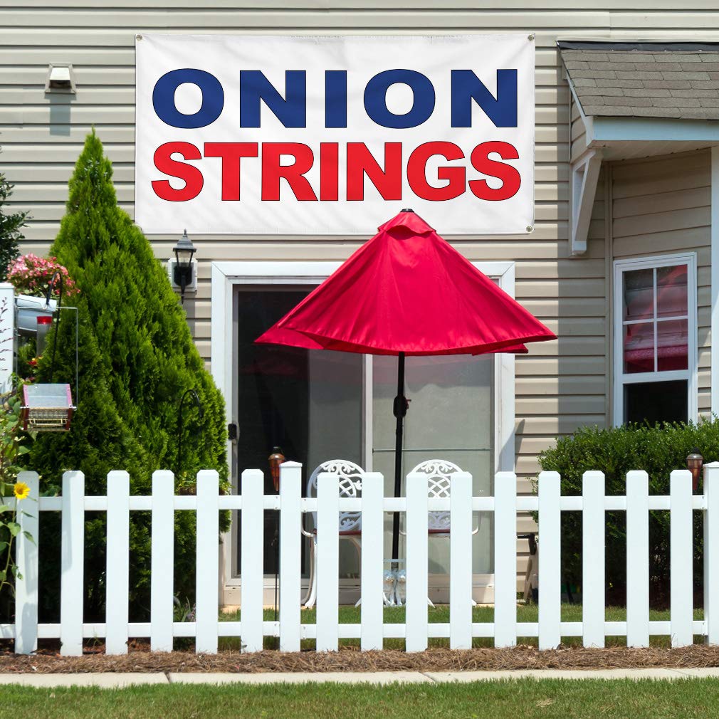 Vinyl Banner - 36x72 Inches, Weatherproof Outdoor Sign with 6 Grommets for Restaurants, Food Trucks & Industrial Use - Blue & Red Onion Strings Design