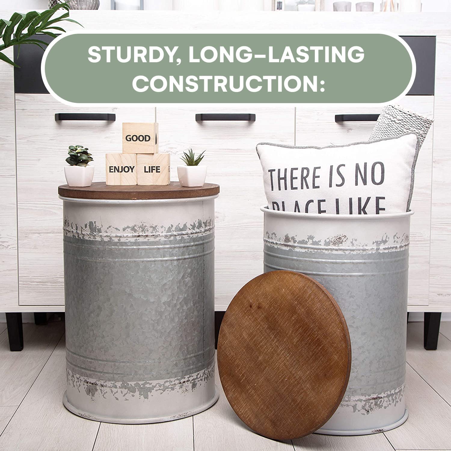 Hallops Farmhouse Accent Side Table - Rustic Metal Coffee Table with Wooden Top | Storage Ottoman Bench for Living Room, Bedroom & Porch | Set of 2 Distressed White Farmhouse Decor Furniture