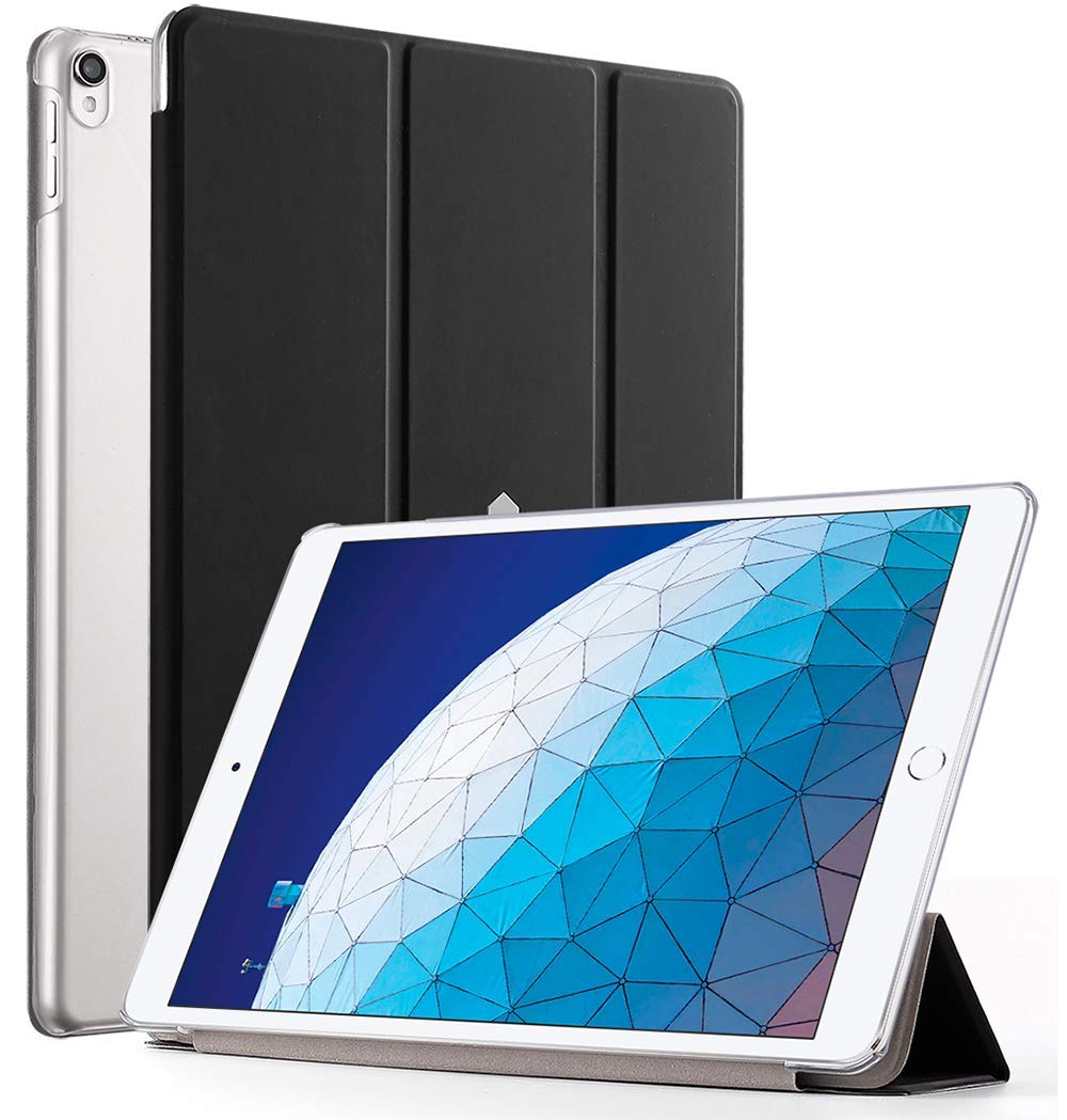 Premium Slimline Trifold Folio Case for iPad Air 3 (10.5 Inch 2019) & iPad Pro 10.5 (2017) - Auto Wake/Sleep Fabric Cover with Stand - Black/Clear - Perfect for Work, Travel & Home Use