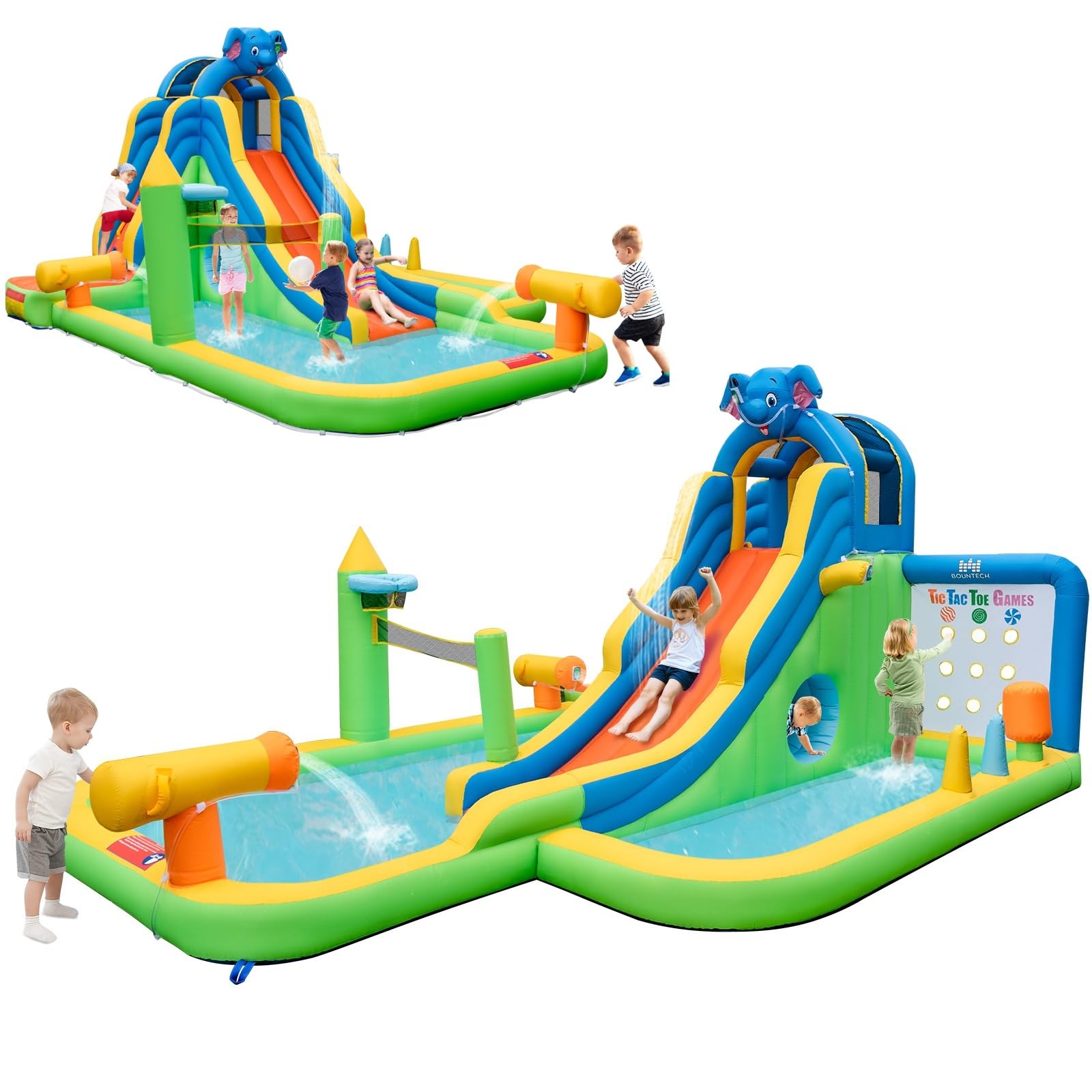 BOUNTECH 12.5x15.5FT Inflatable Water Slide Park with Splash Pool - Kids Outdoor Water Slide with Tic Tac Toe, Hide & Seek Cave - Blow Up Water Slides for Backyard Parties, Summer Fun & Birthday Gifts - Perfect for Kids Outdoor Play, Family Gatherings & Summer Water Activities