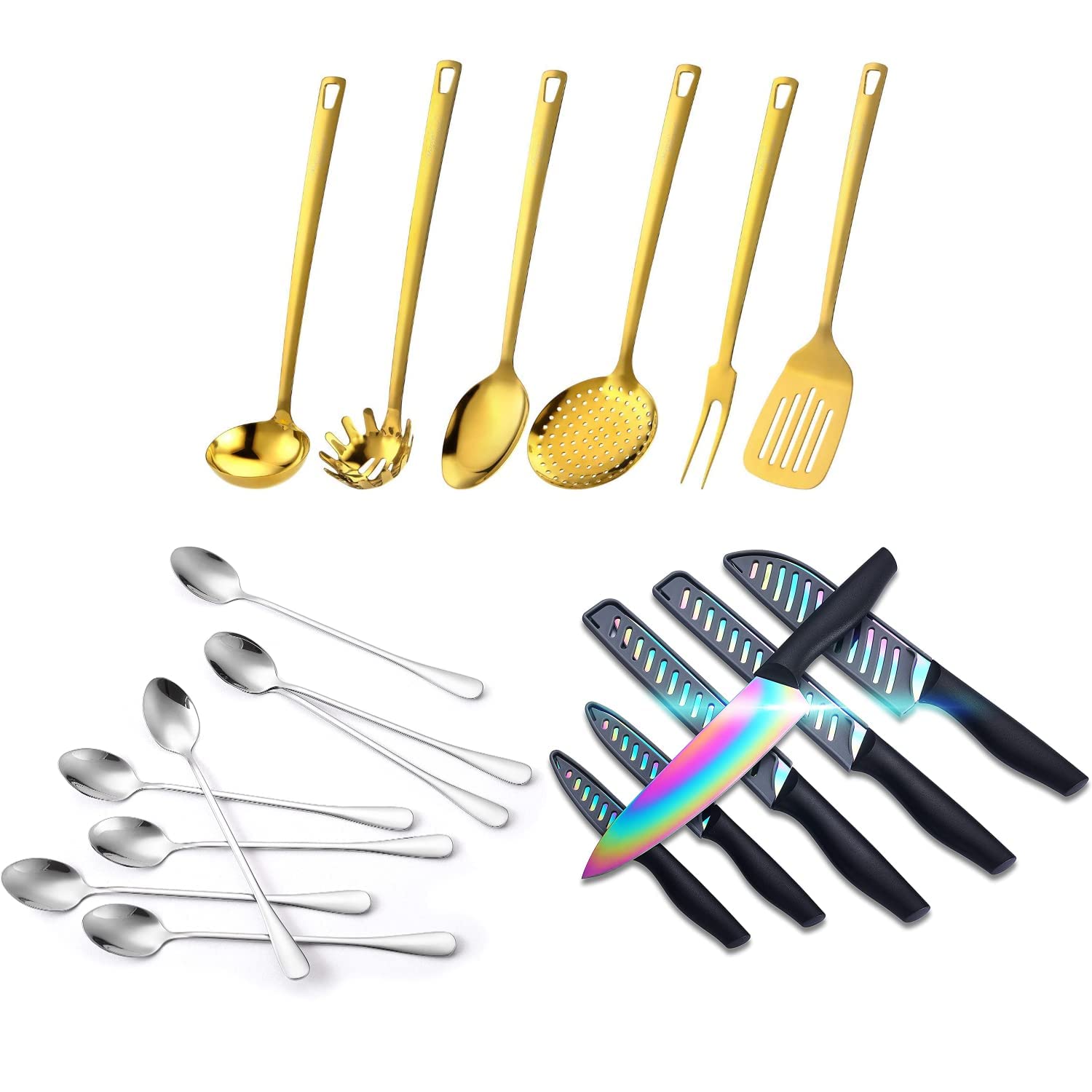 Premium Golden Titanium 5-Piece Kitchen Spoon & Spatula Set + Marco Almond Iced Tea Spoon + 12-Piece Rainbow Titanium Stainless Steel Knife Set with Sheath - Perfect for Cooking, Baking, and Entertaining