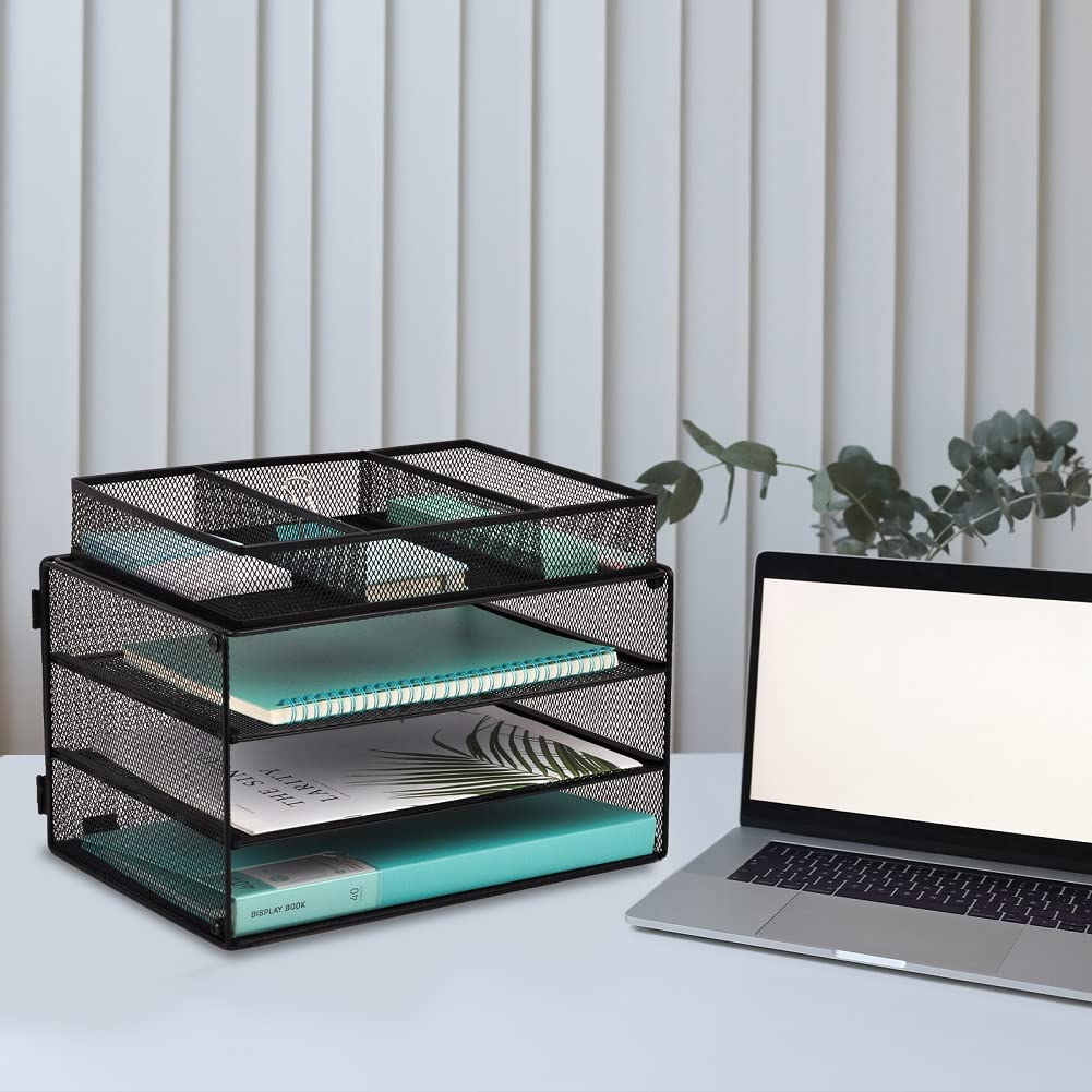 EASEPRES 3-Tier Mesh Paper Organizer Tray with Drawer - Black Desk File Organizer & Letter Sorter for Home Office - Perfect for Bills, Mail, Documents and Office Supplies Storage