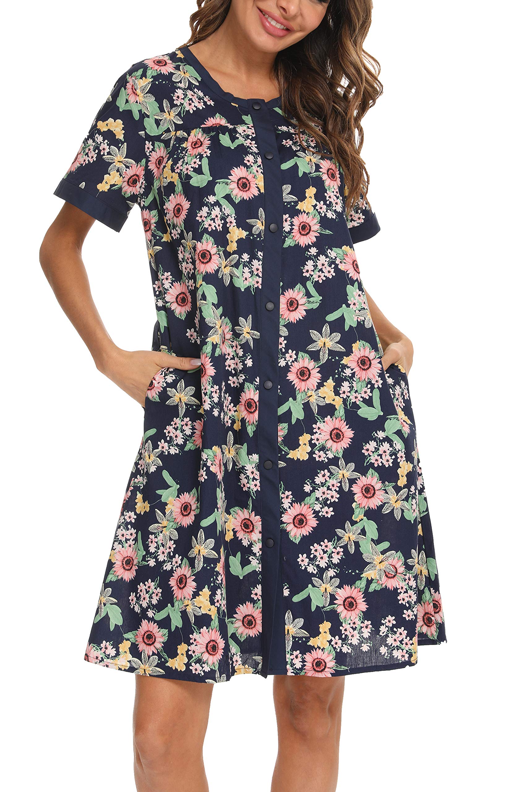 YOZLY Women's Short Sleeve House Dress - Casual Home Robe with Pockets | Perfect for Lounging, Morning Coffee & House Chores
