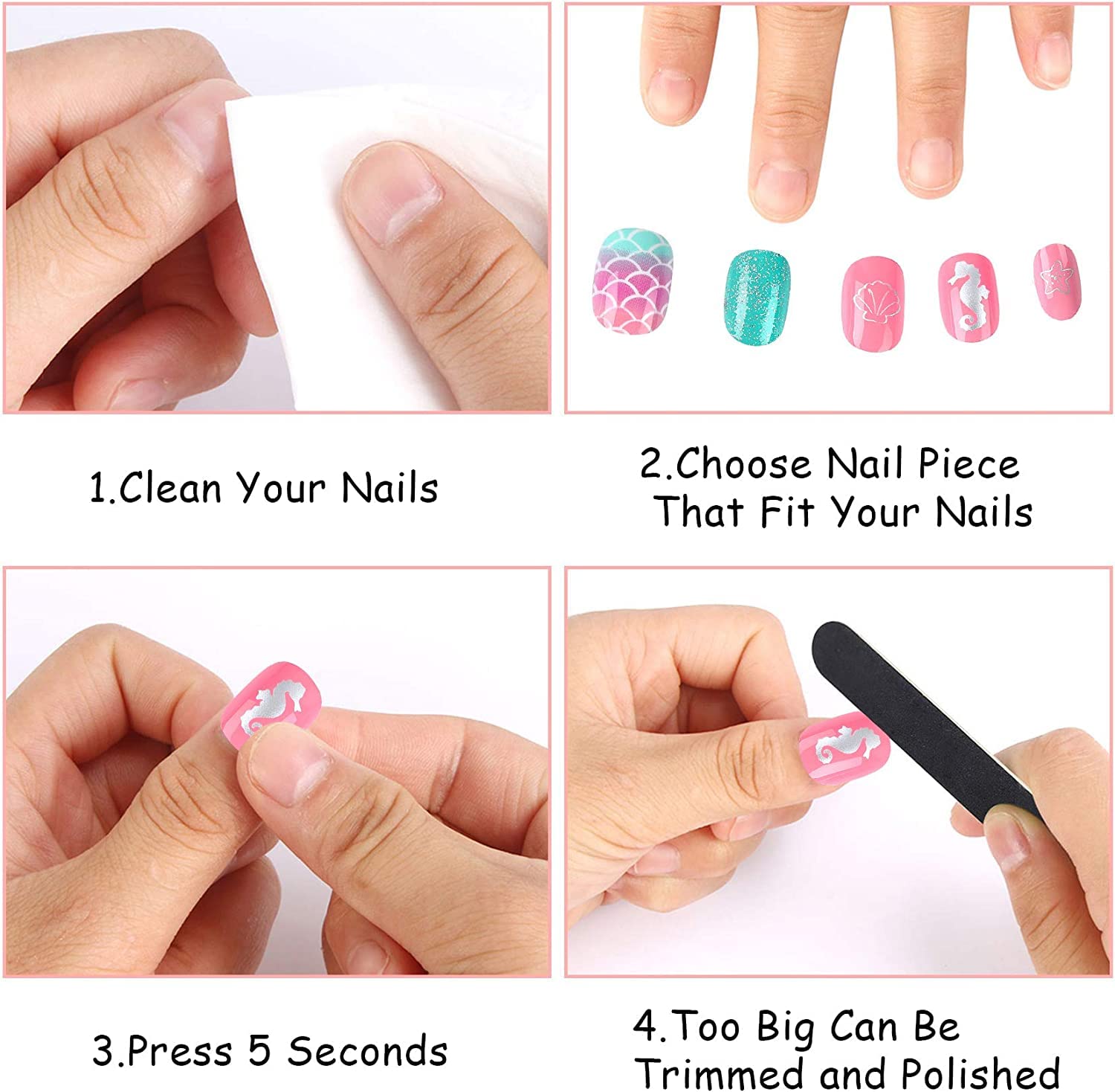JANYUN 48 Pcs Short False Nails for Kids - Full Cover Stick on Nails for Little Girls, Non-Toxic Nail Art Gift Set - Perfect for Birthday Parties, Playdates & Dress-Up Fun