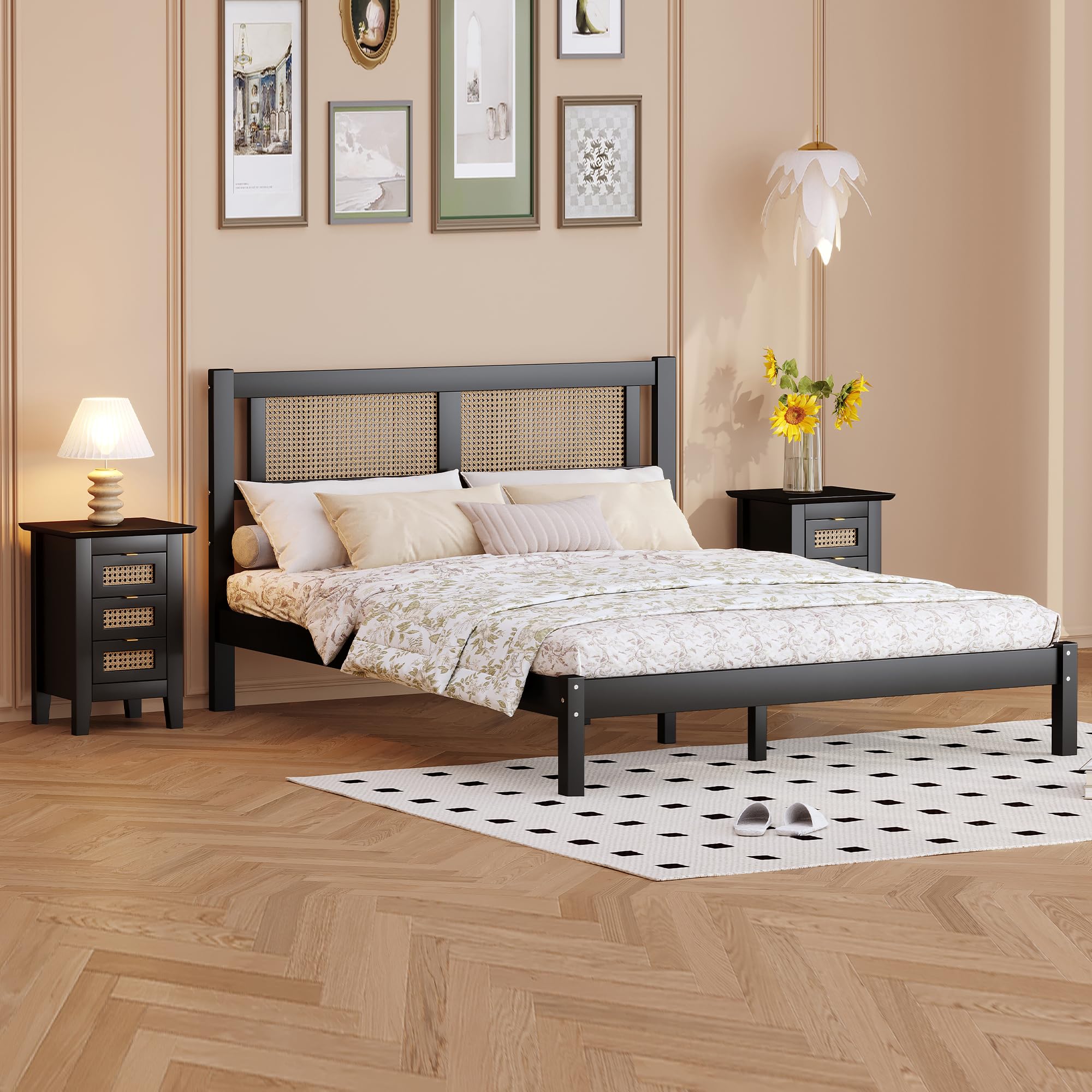 Merax 3-Piece Queen Size Bohemian Bedroom Set - Wooden Platform Bed Frame with Natural Headboard & 2 Rattan Nightstands with Storage Drawers, Black - Perfect for Modern Boho Bedroom Decor & Small Space Living
