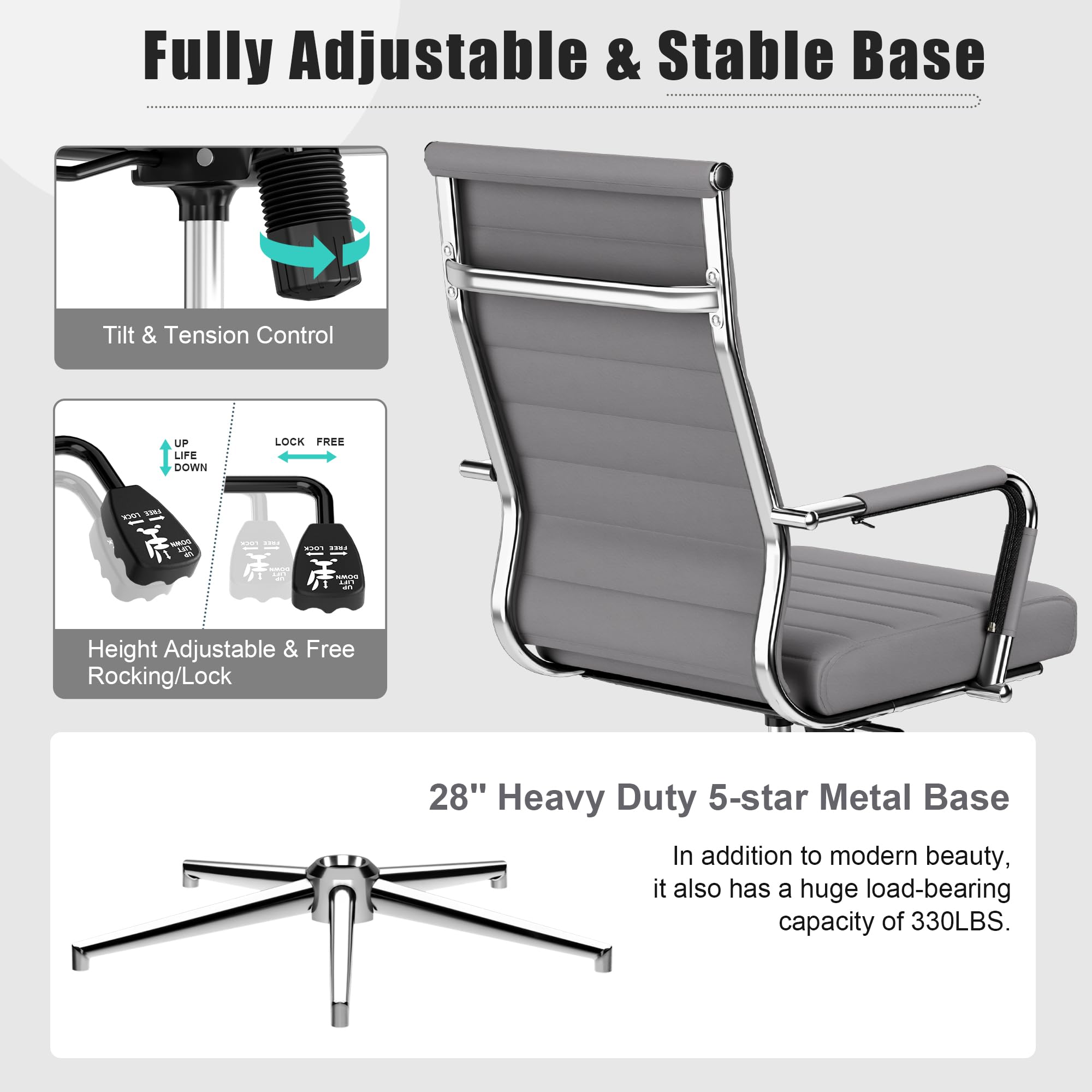 Okeysen Grey Ergonomic Office Chair - Adjustable Height Leather Executive Swivel Rolling Chair for Home Office & Conference Room - Perfect for Long Hours of Work, Video Calls, and Professional Meetings