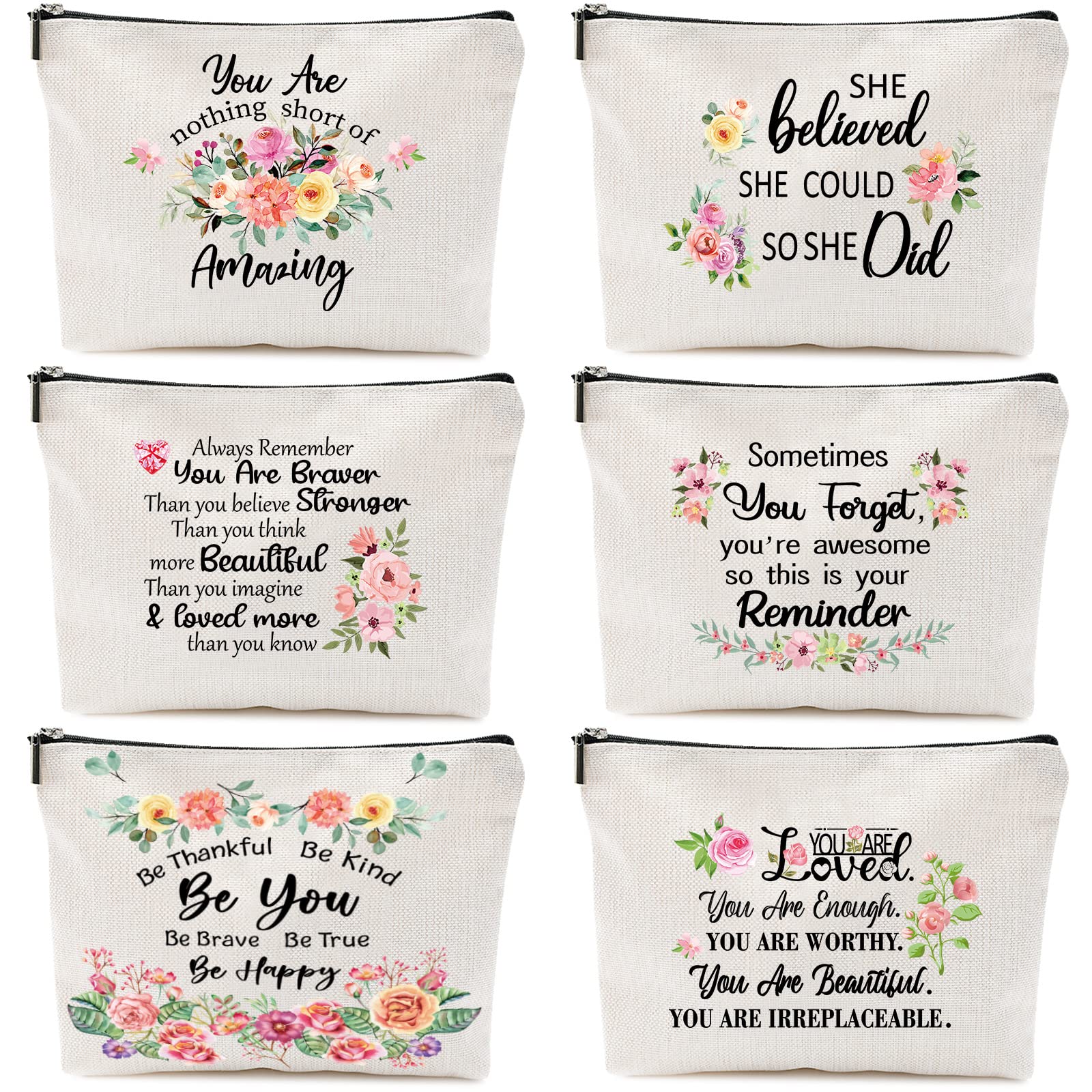 6 Pcs Canvas Rainbow Heart Cosmetic Bags for Women - Inspirational Motivational Quote Makeup Pouches (Floral Design) | Perfect Gift for Birthday, Graduation, Teacher Appreciation & New Year Party | Travel, Daily Organizer & Cosmetic Storage Essential