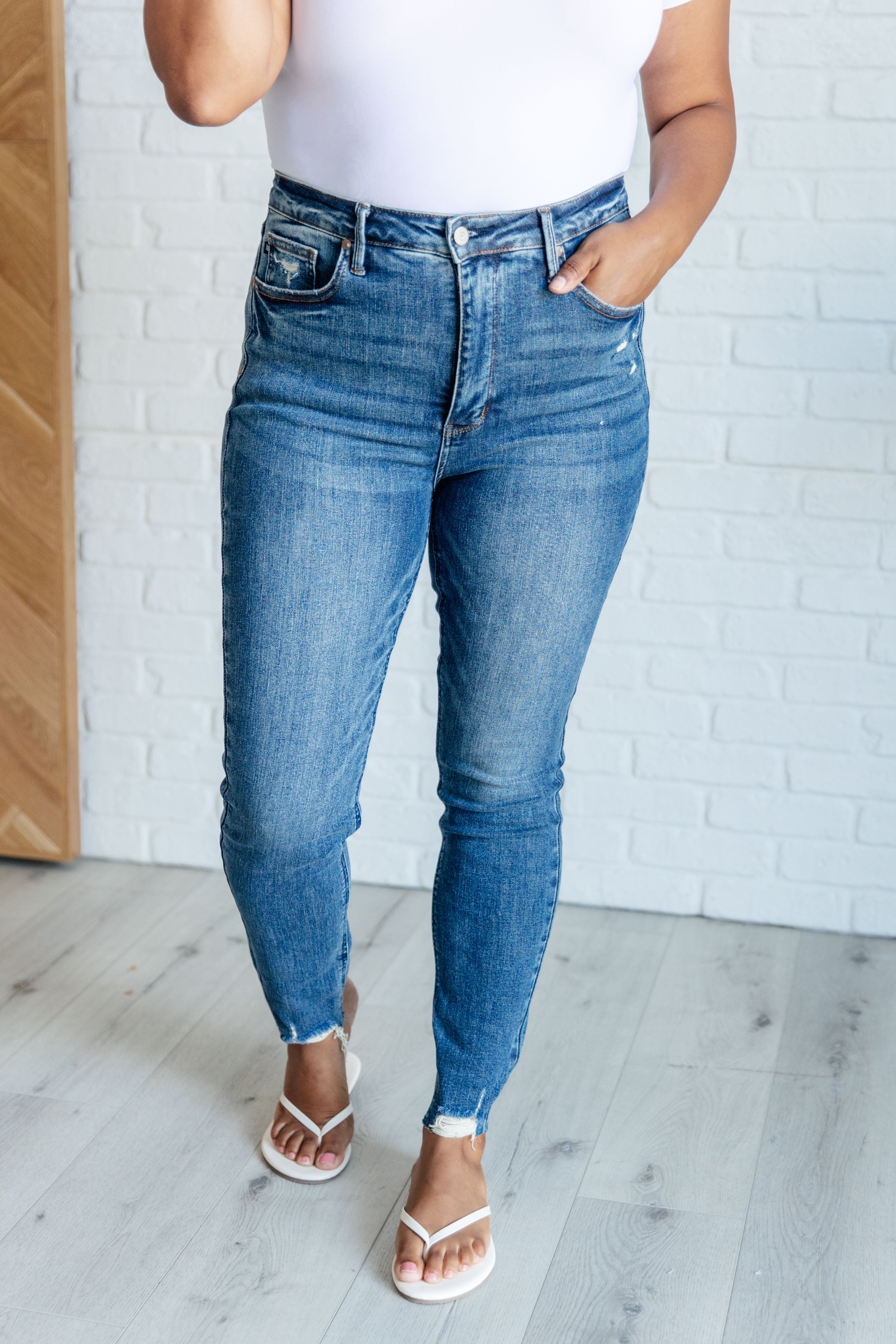 Alba High Rise Control Top Distressed Hem Skinny Jeans for Women - Slimming Stretch Denim Pants with Vintage Wash (Perfect for Casual Outings, Date Nights & Street Style Fashion)