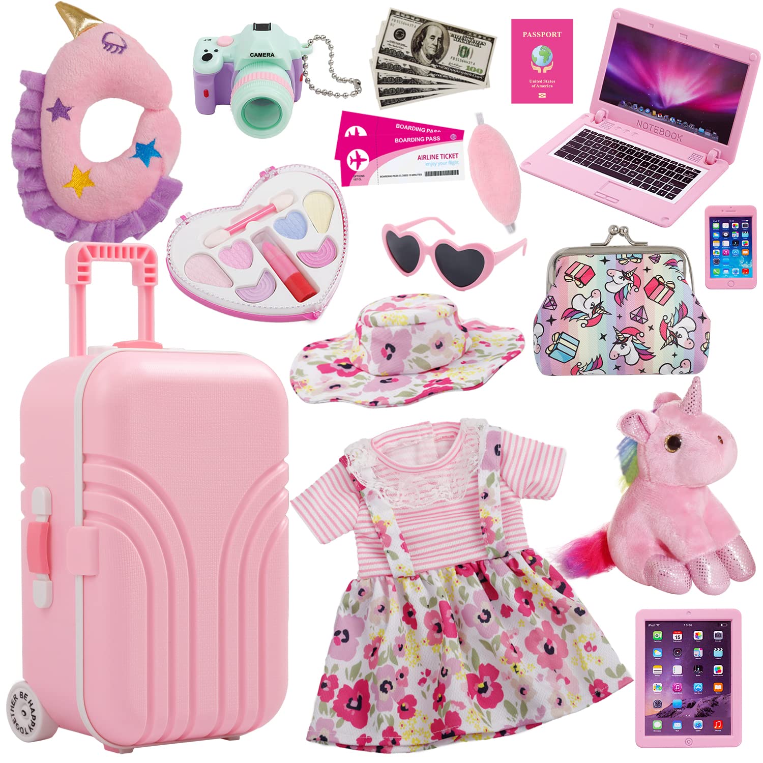 18 Inch Doll Suitcase Travel Luggage Set with Clothes, Hat, Sunglasses, Camera & Toy Pet - Perfect for Pretend Play, Travel Adventures & Doll Storage Accessories