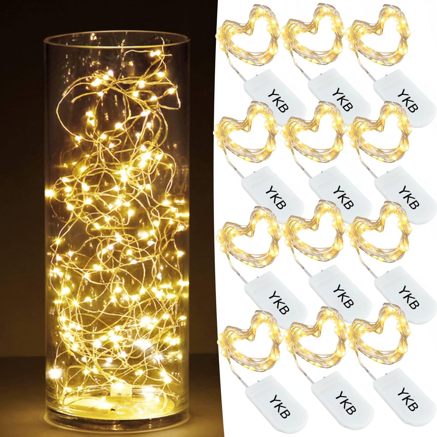 YKB 12 Pack Fairy Lights Battery Operated - 20 Small LED Lights on 6.6ft/2m Silver Copper Wire, Mini LED String Lights Powered by 2xCR2032 - Perfect for Mason Jars, Christmas Decorations, Weddings, Home Parties & Outdoor Events