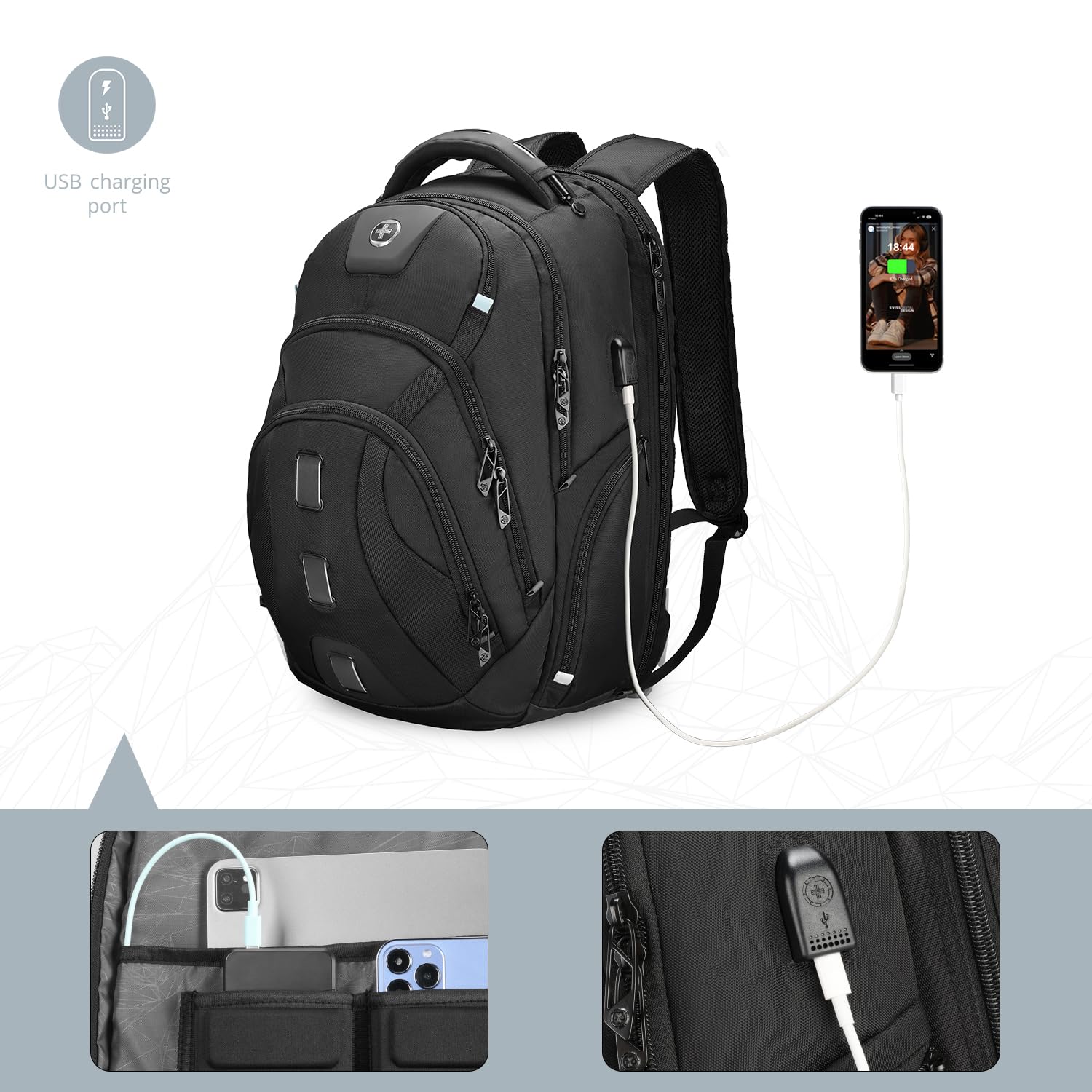 Swissdigital Men's Travel Laptop Backpack - Large Capacity TSA Approved USB Charging RFID Protection Business Backpack for College & Work - Fits 17 Inch Laptops (Black) | PIXEL PRO - Perfect for Business Trips, Commuting & Daily Office Use
